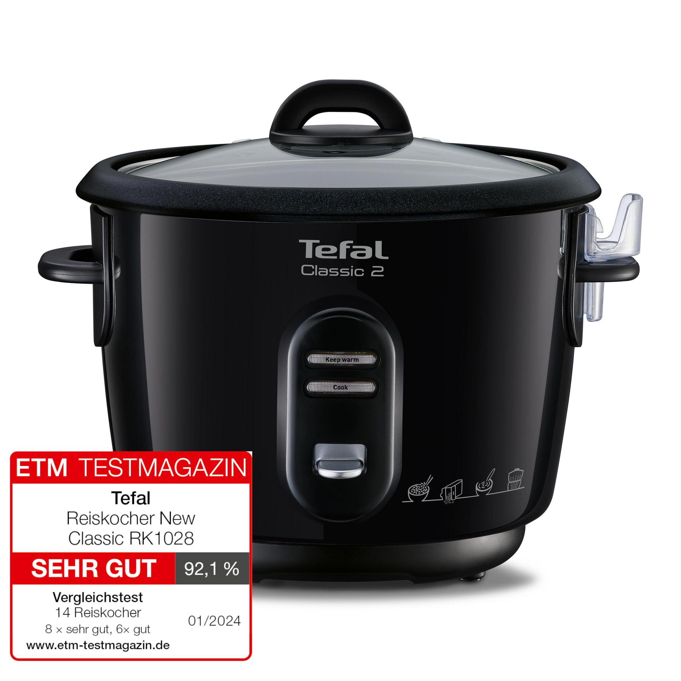 Schwarzer Tefal Reiskocher Classic 2 mit Glasdeckel und Bedienfeld.
