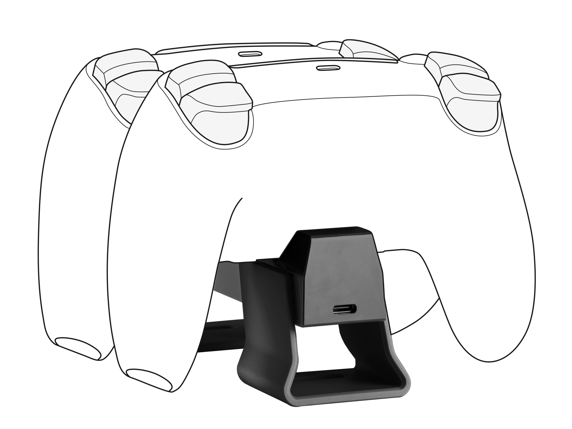 A line drawing of a white controller on a black charging stand.