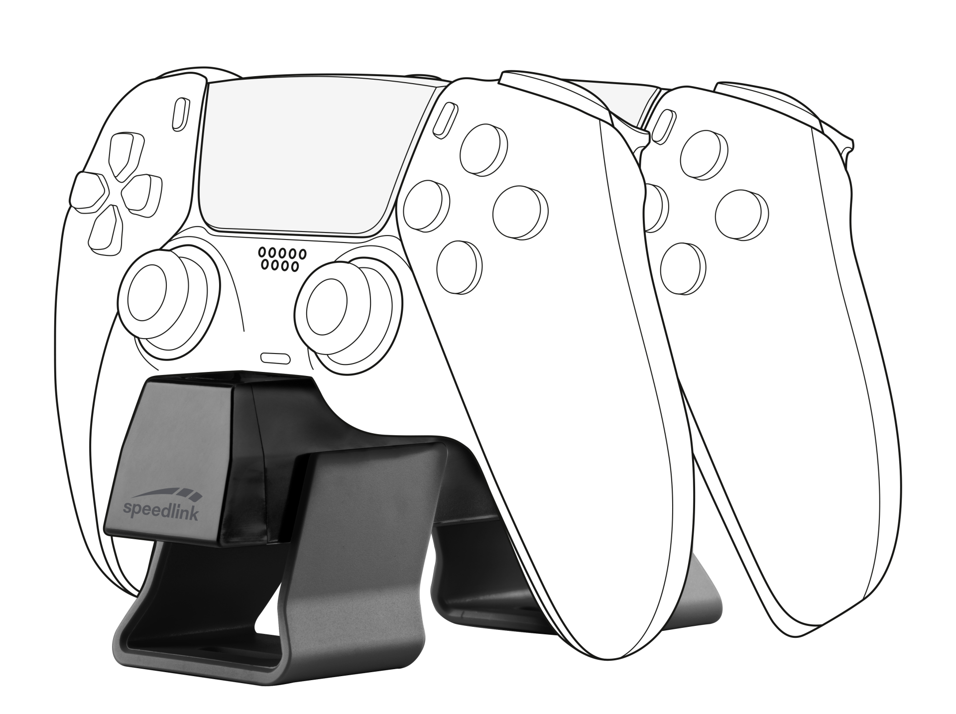 A black charging dock for two controllers, with logo.