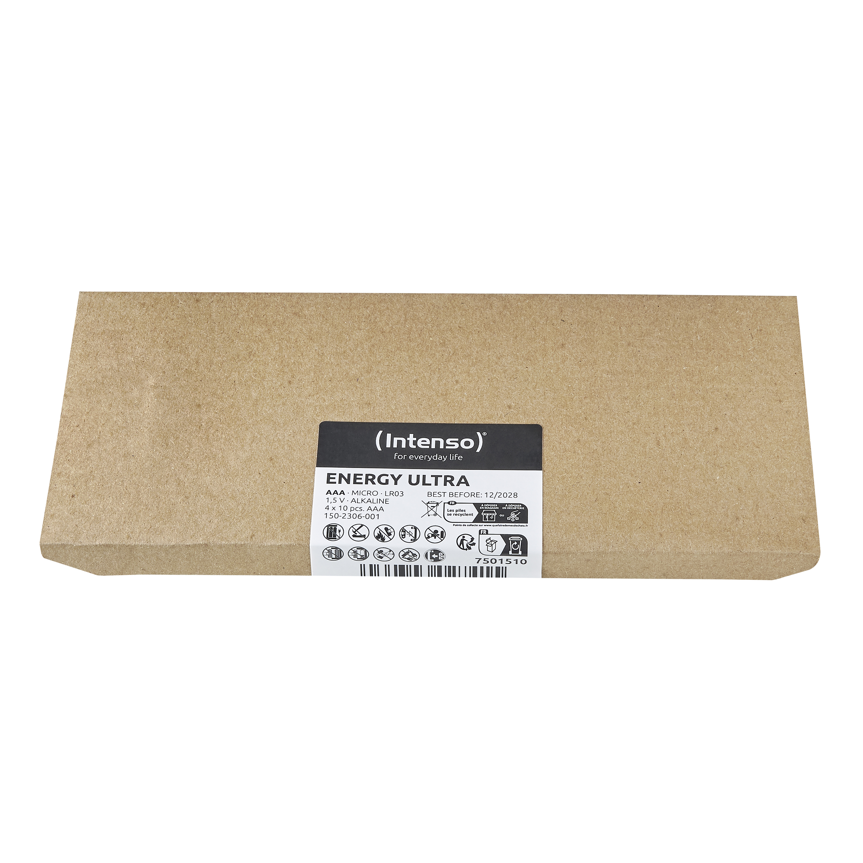 Caja con pilas Intenso Energy Ultra AAA, 4x10 uds, cartón marrón. Consumir preferentemente antes de 12/2028.