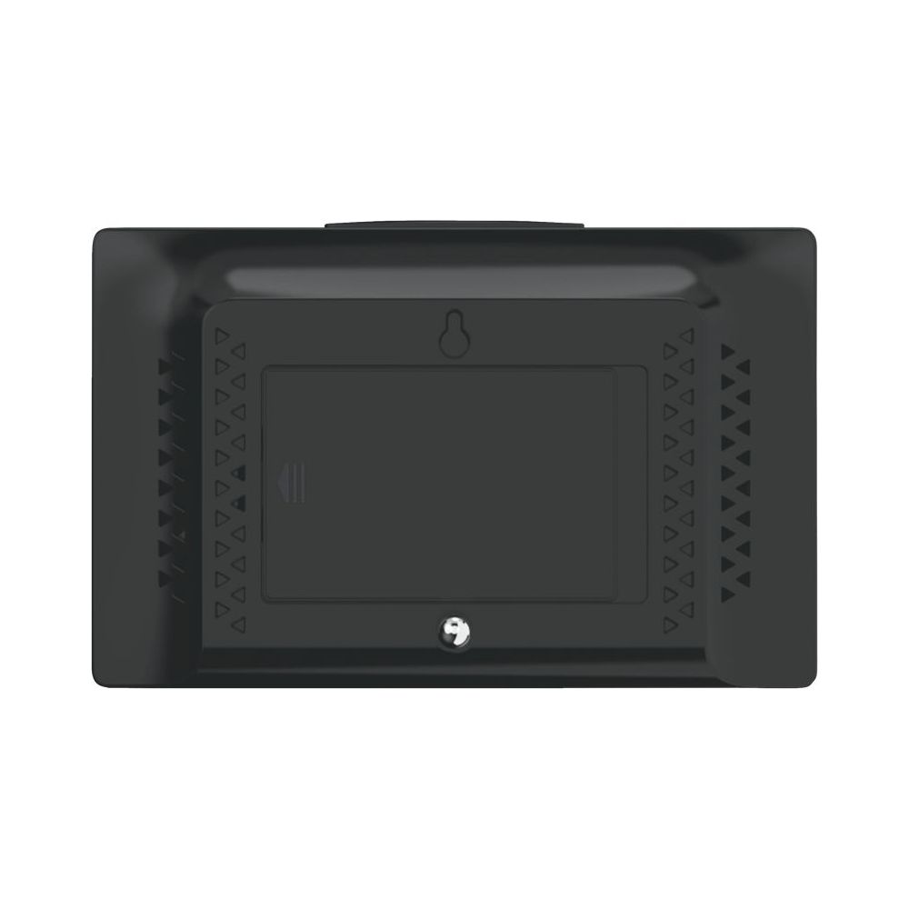 Tył czarnego urządzenia cyfrowego ze wzorem trójkątnym i komorą baterii.