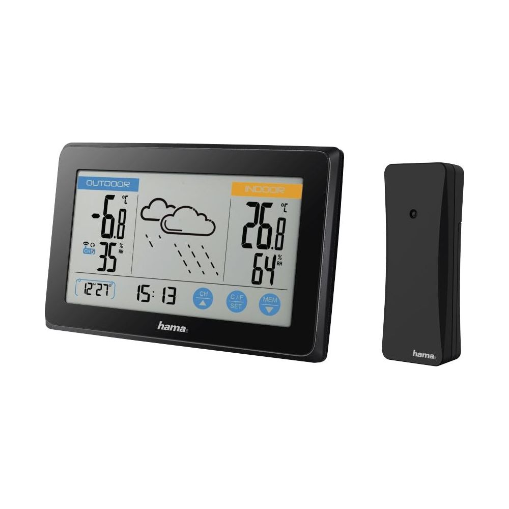 Wyświetlacz stacji pogodowej Hama pokazuje zewnątrz -6.8C, 35% RH i 12:27.