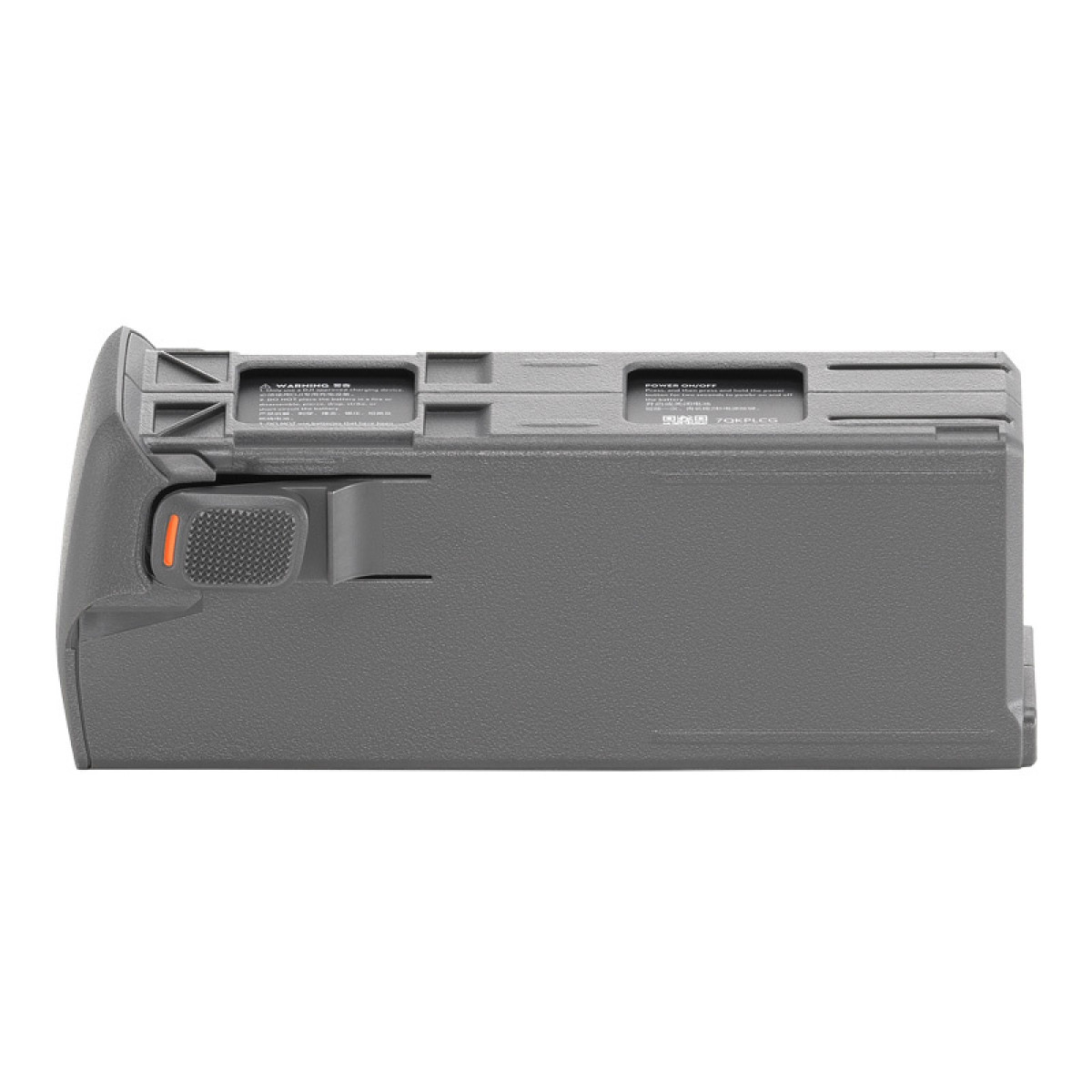 Batteria grigia con pulsante arancione ed etichette.