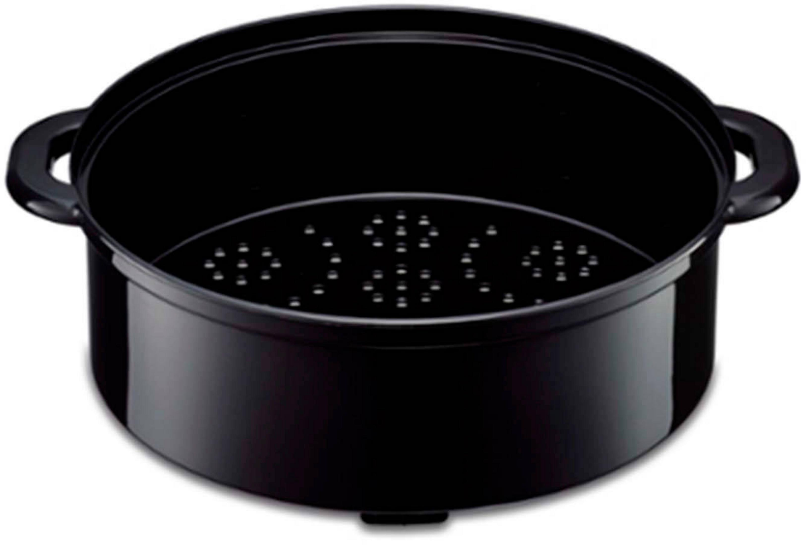 Una cesta de vapor negra con asas y fondo perforado.