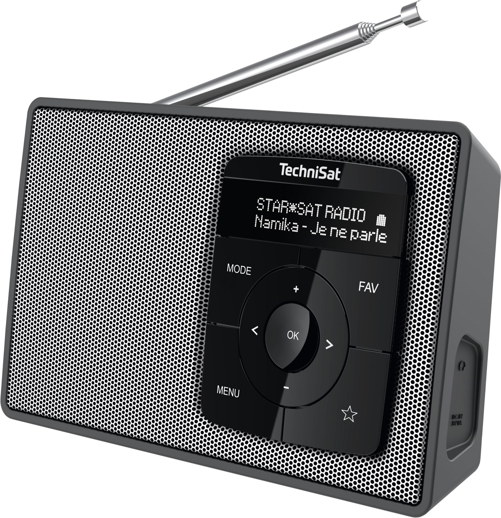 Ein schwarzer TechniSat Radio mit ausziehbarer Antenne und Display.