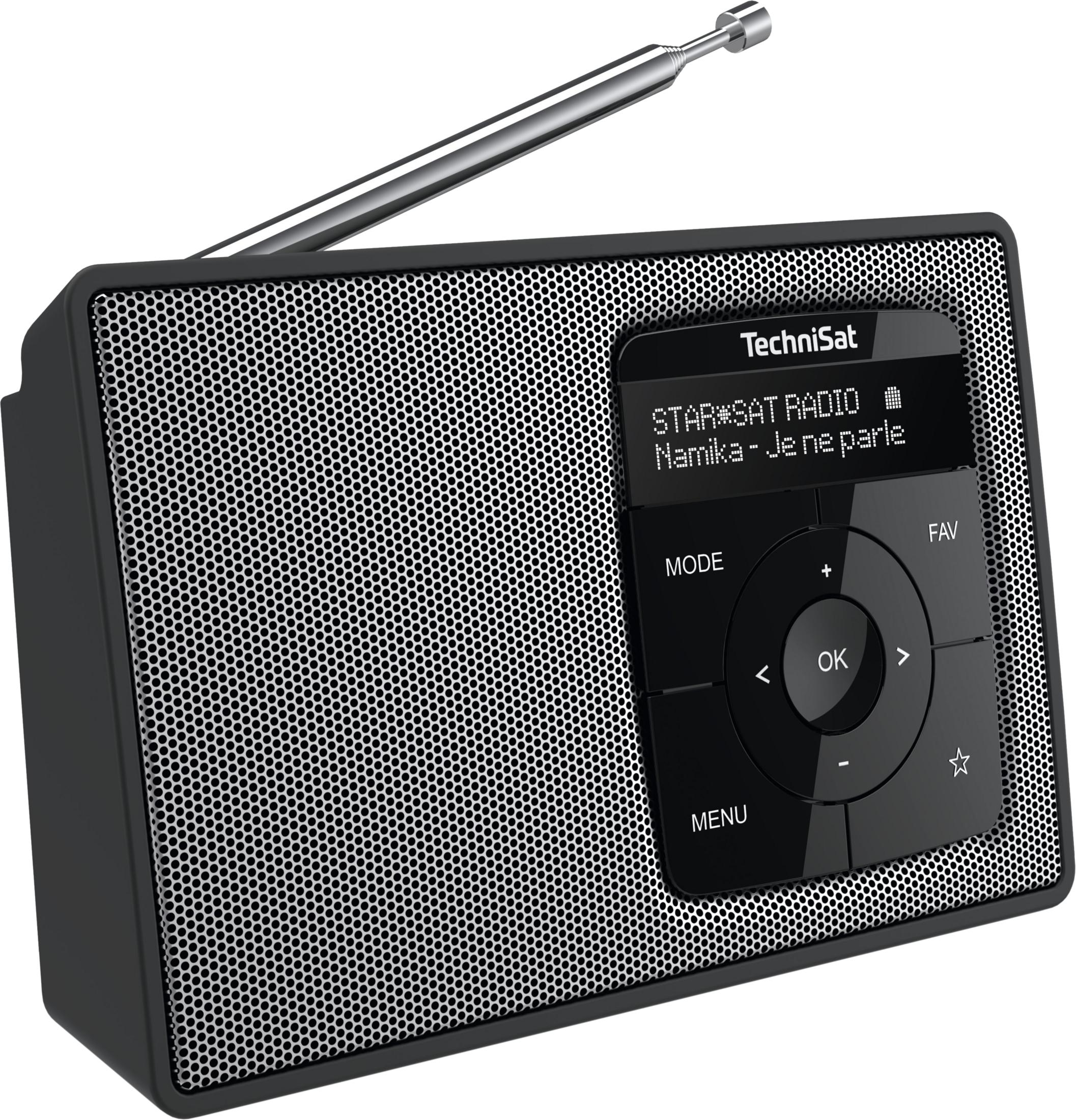Ein schwarzes TechniSat Radio mit Antenne und Bedienfeld.