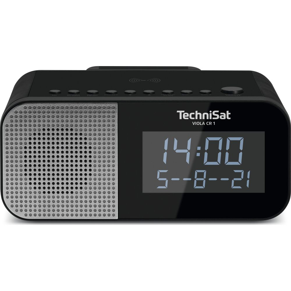 Czarny radiobudzik z cyfrowym wyświetlaczem pokazuje 14:00.