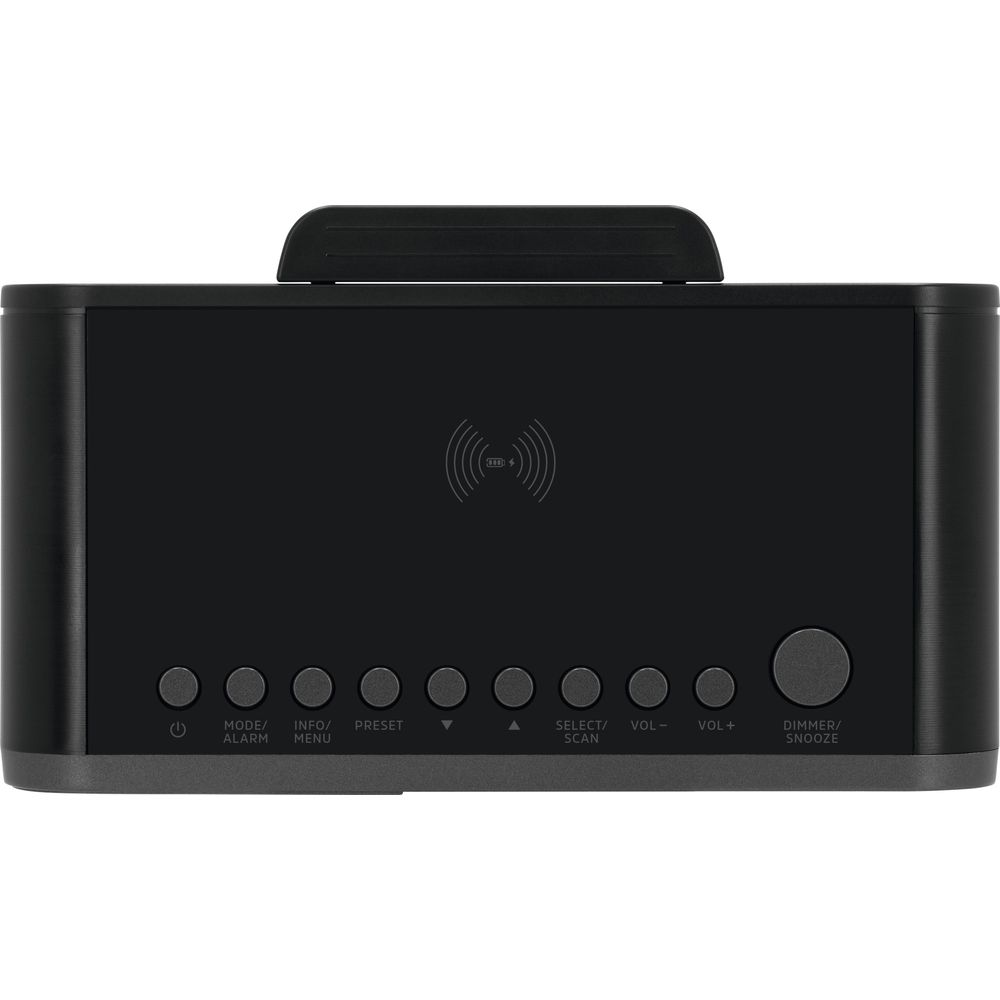 Czarny budzik z podkładką ładującą i przyciskami sterującymi.