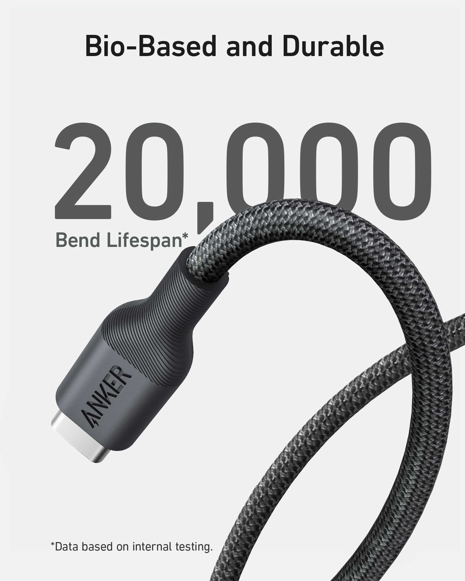 Un cavo Anker USB-C nero con 20.000 cicli di piegatura.
