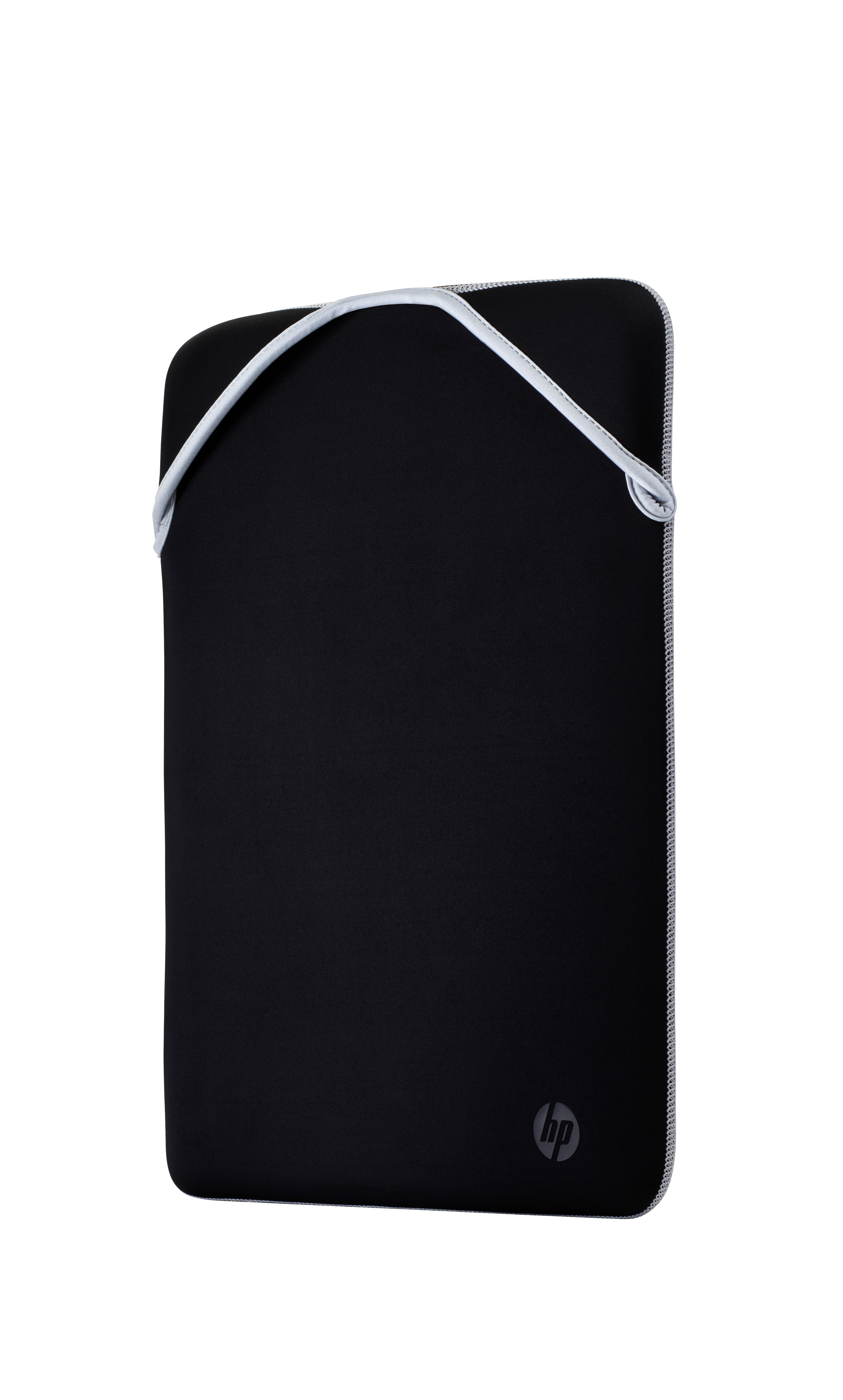 Schwarze Laptoptasche mit HP-Logo und silbernem Rand.