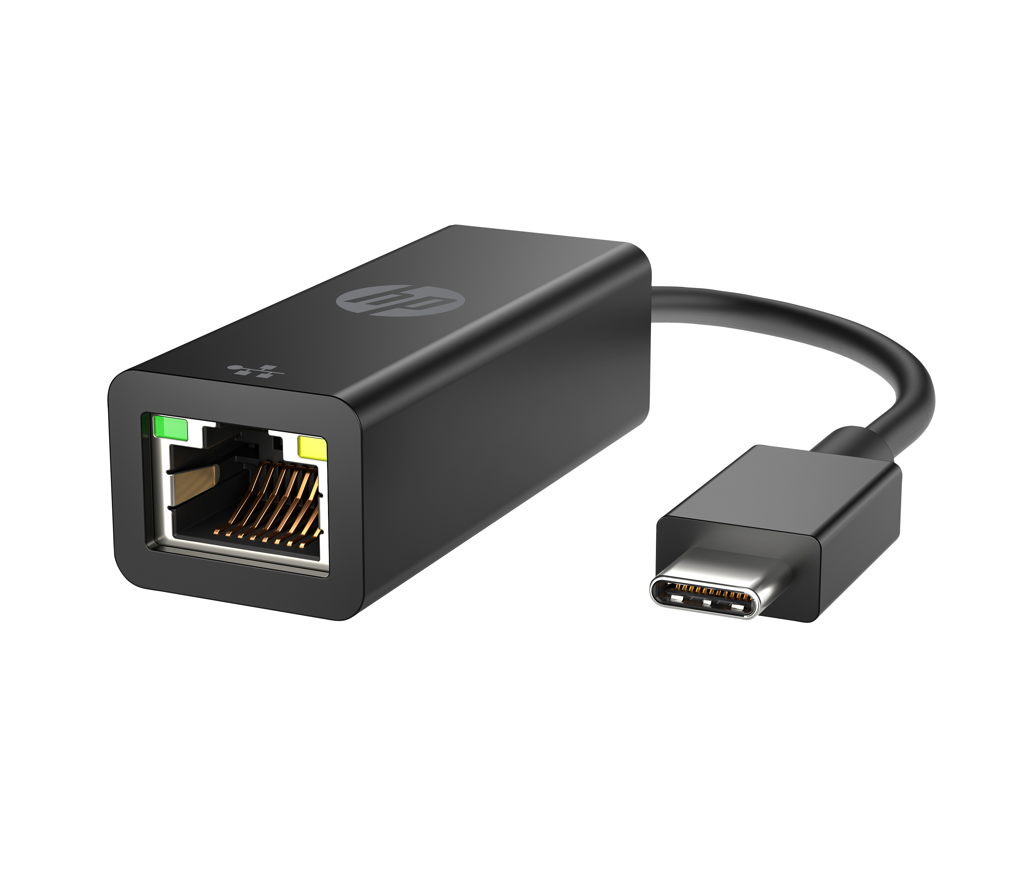 Adattatore USB-C a Ethernet nero con logo HP e porta RJ45.