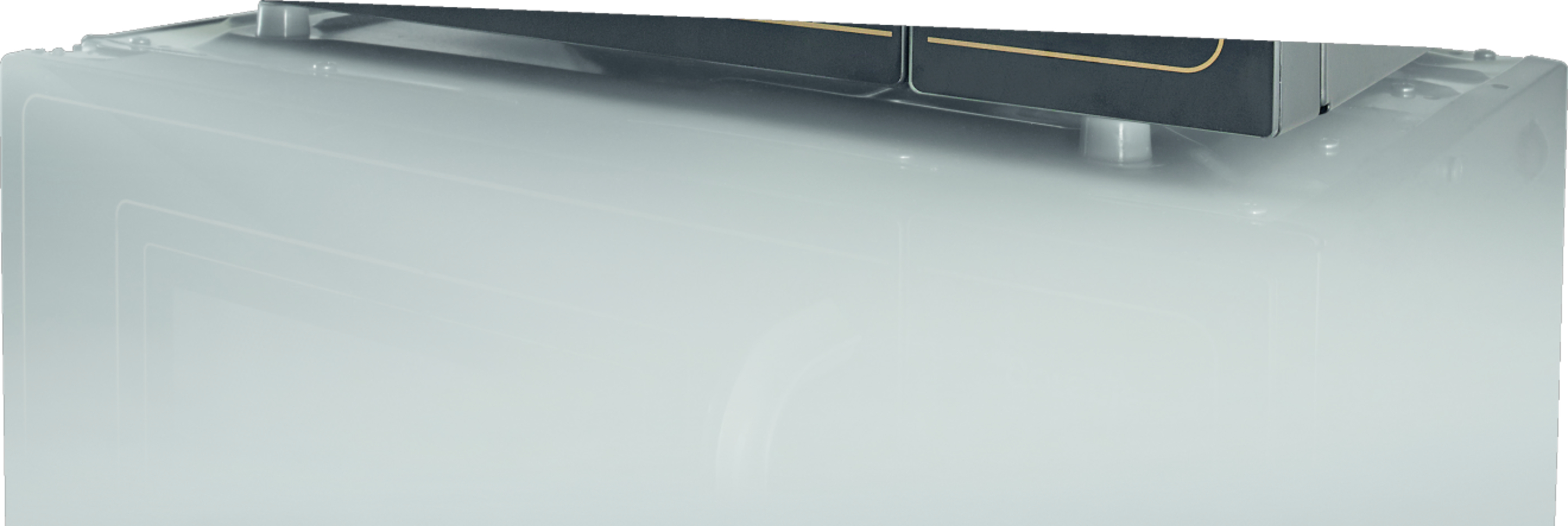 Zbliżenie na białe urządzenie z ciemnym pudełkiem w złote paski.