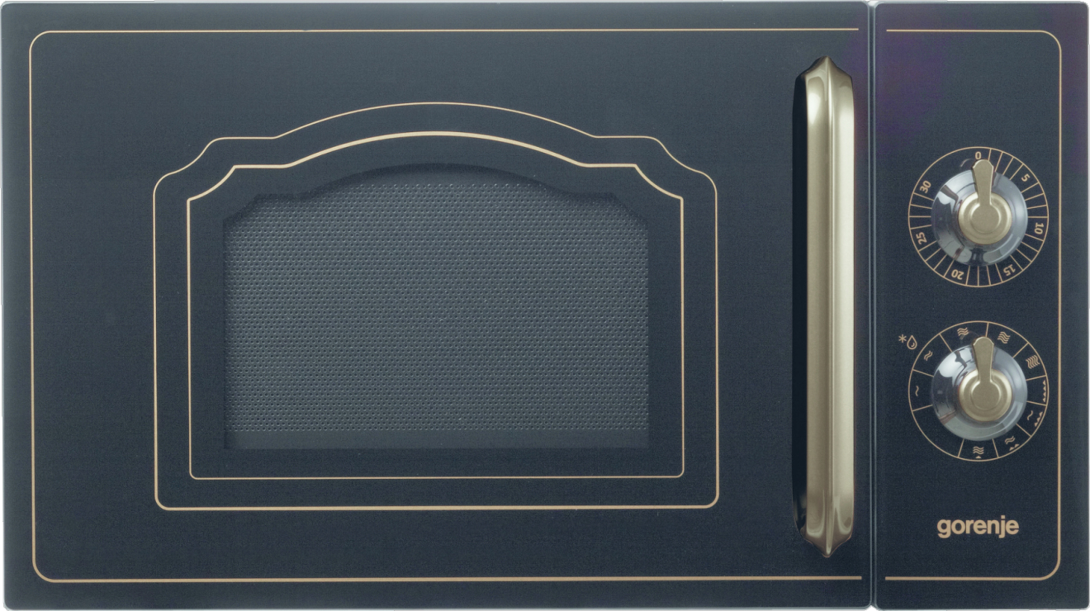 Ciemnoszara kuchenka mikrofalowa ze złotymi akcentami i logo Gorenje.