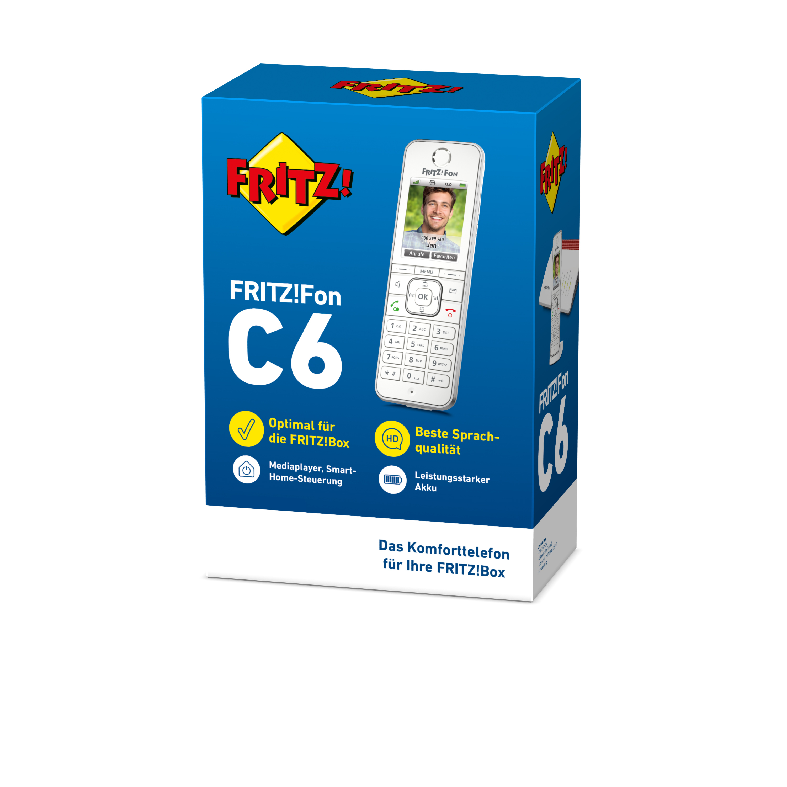 Boîte bleue avec logo FRITZ!Fon C6 et illustration de téléphone.