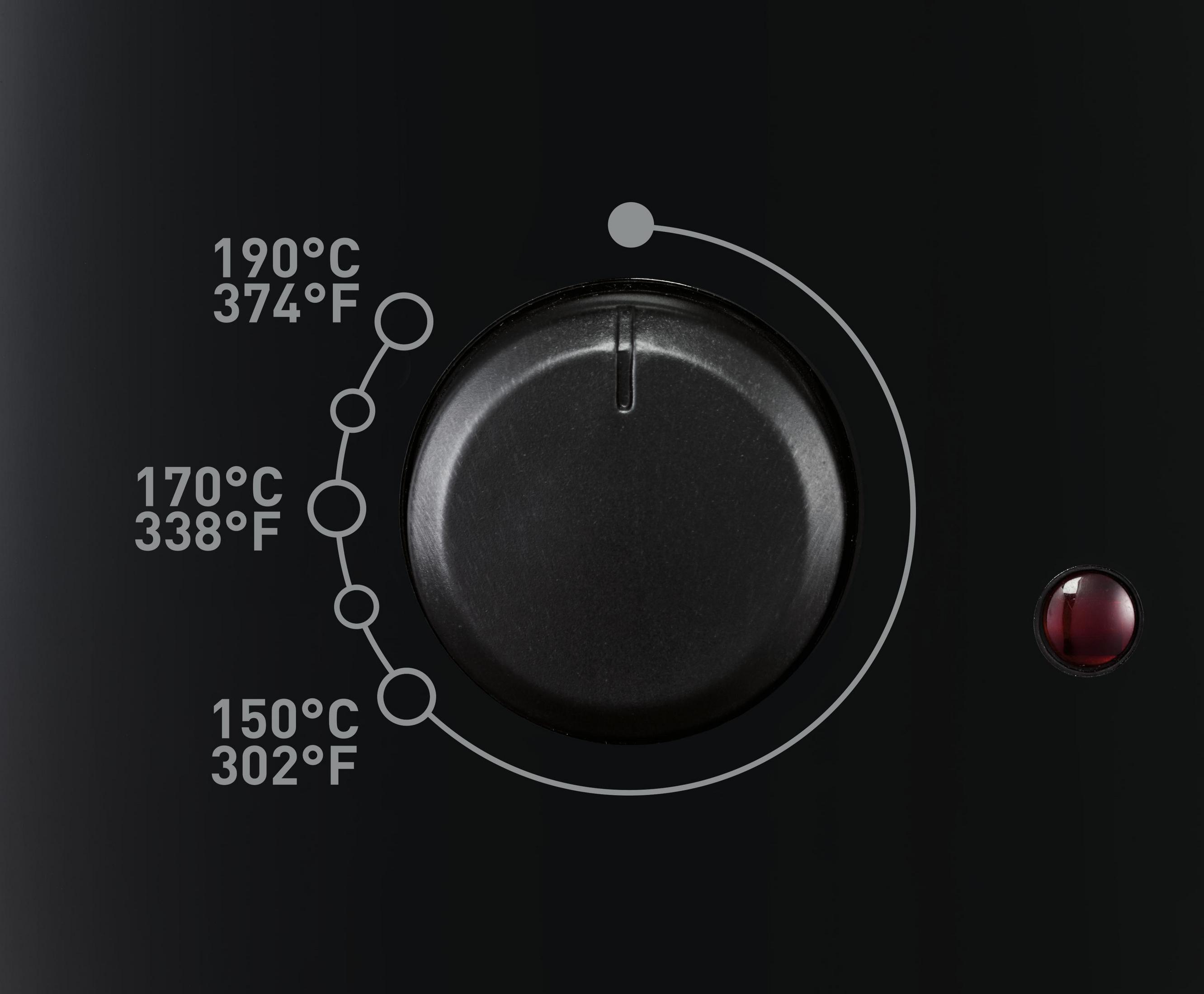 Un dial negro con marcas de temperatura y una luz indicadora roja.