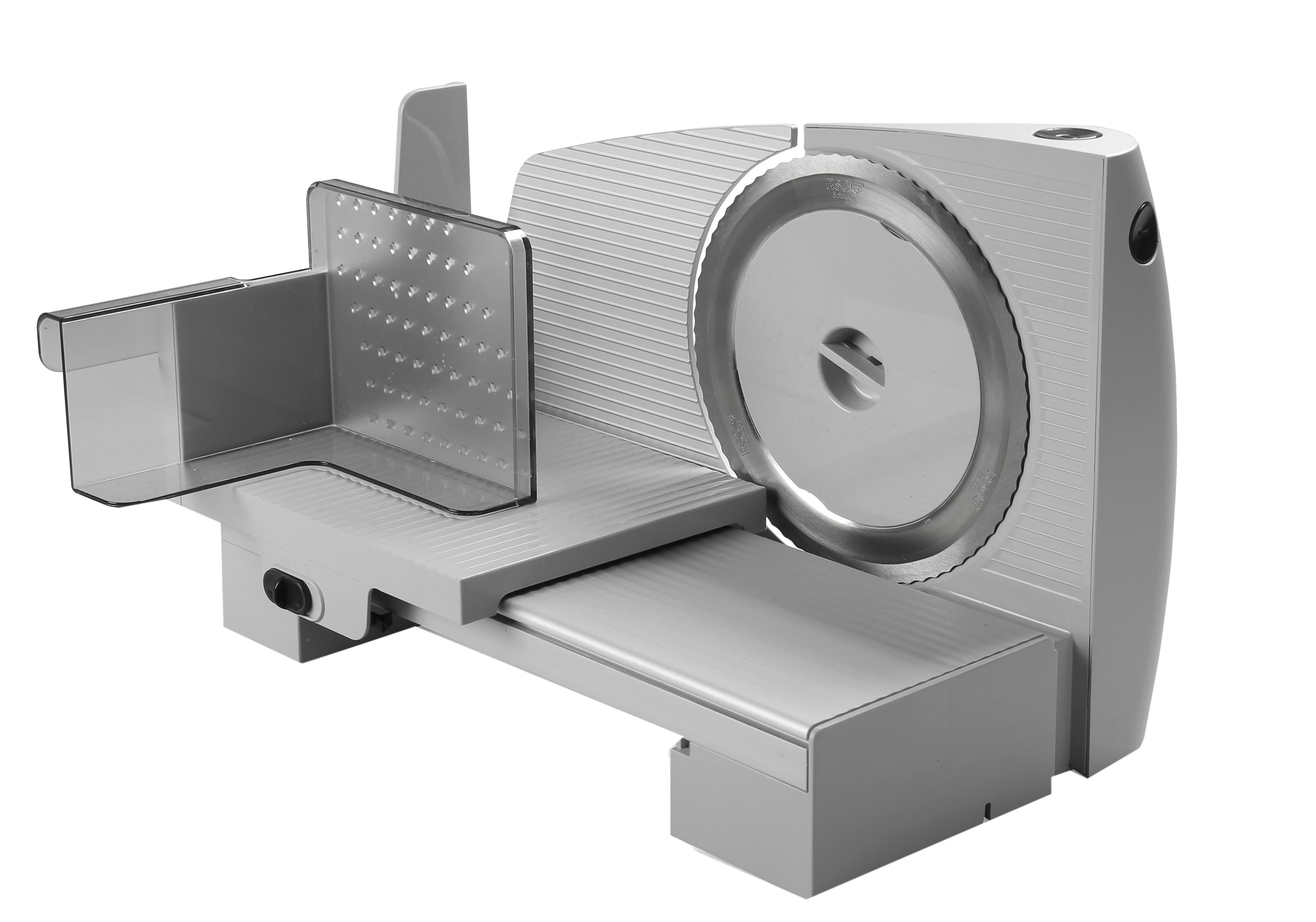 Szara krajalnica elektryczna z srebrnym ostrzem i przezroczystą osłoną.