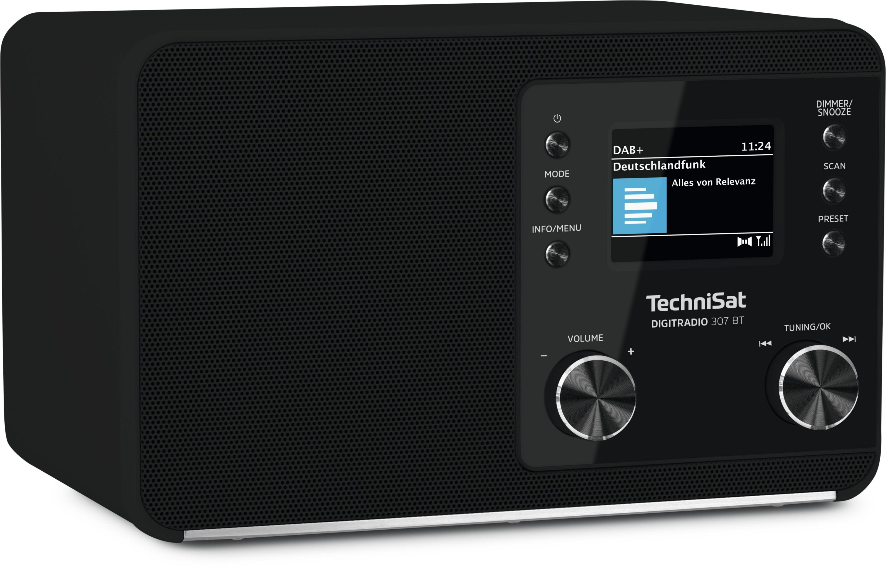 Una radio digitale TechniSat nera con schermo, pulsanti e due manopole rotanti.