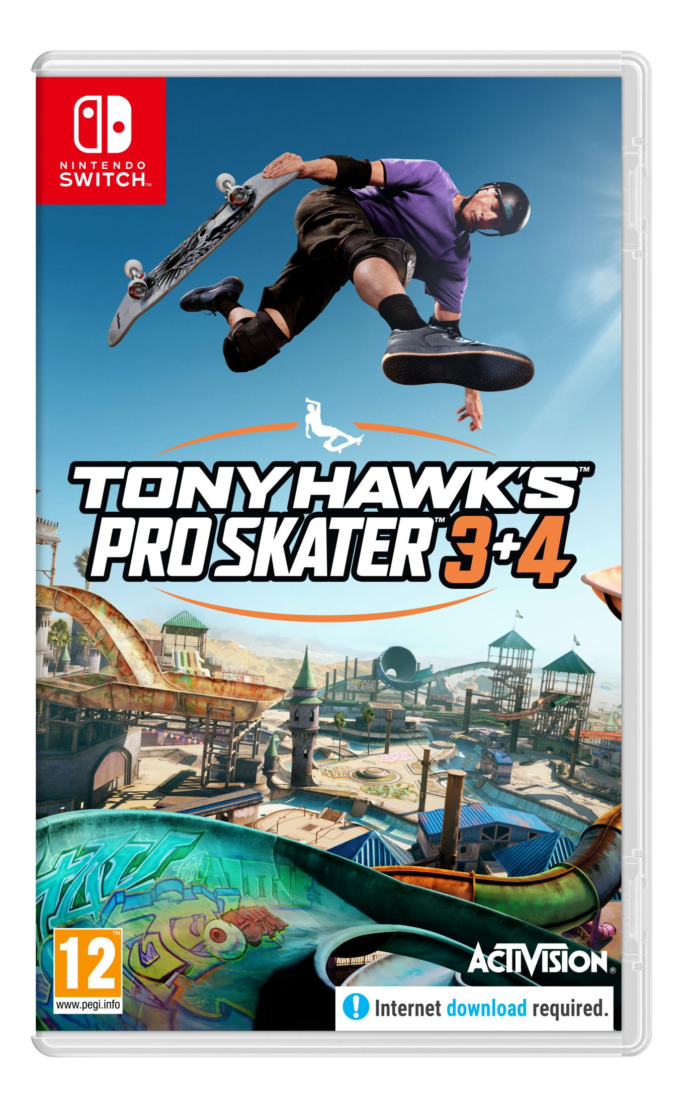 Copertina del gioco Tony Hawk's Pro Skater 3+4 per Nintendo Switch, con uno skater in aria.