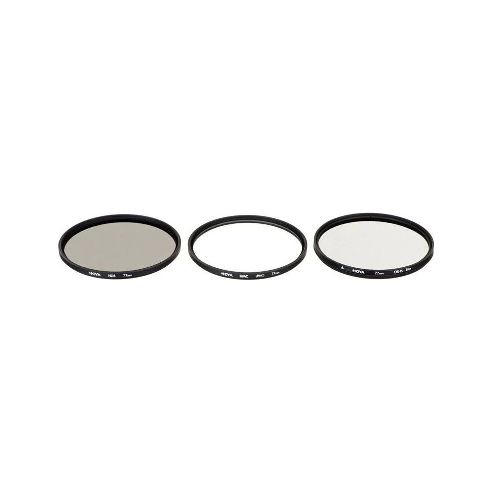 Drie Hoya camera lensfilters. Eén ND8, één HMC UV(0), één CIR-PL Slim.