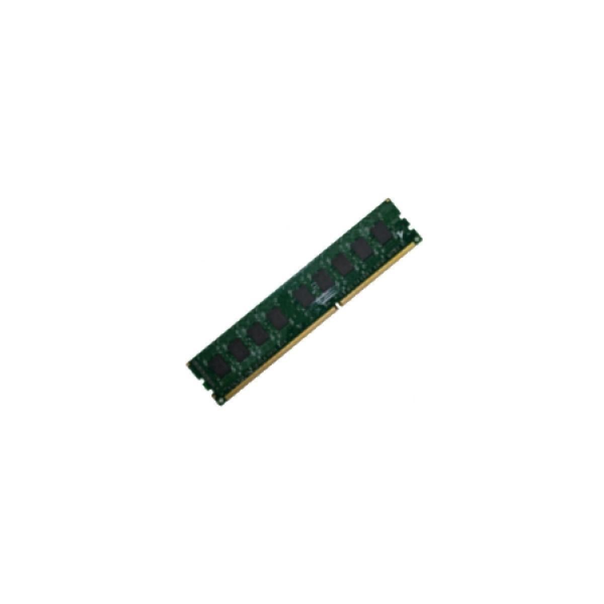 Un modulo RAM verde con chip neri e contatti dorati su sfondo bianco.