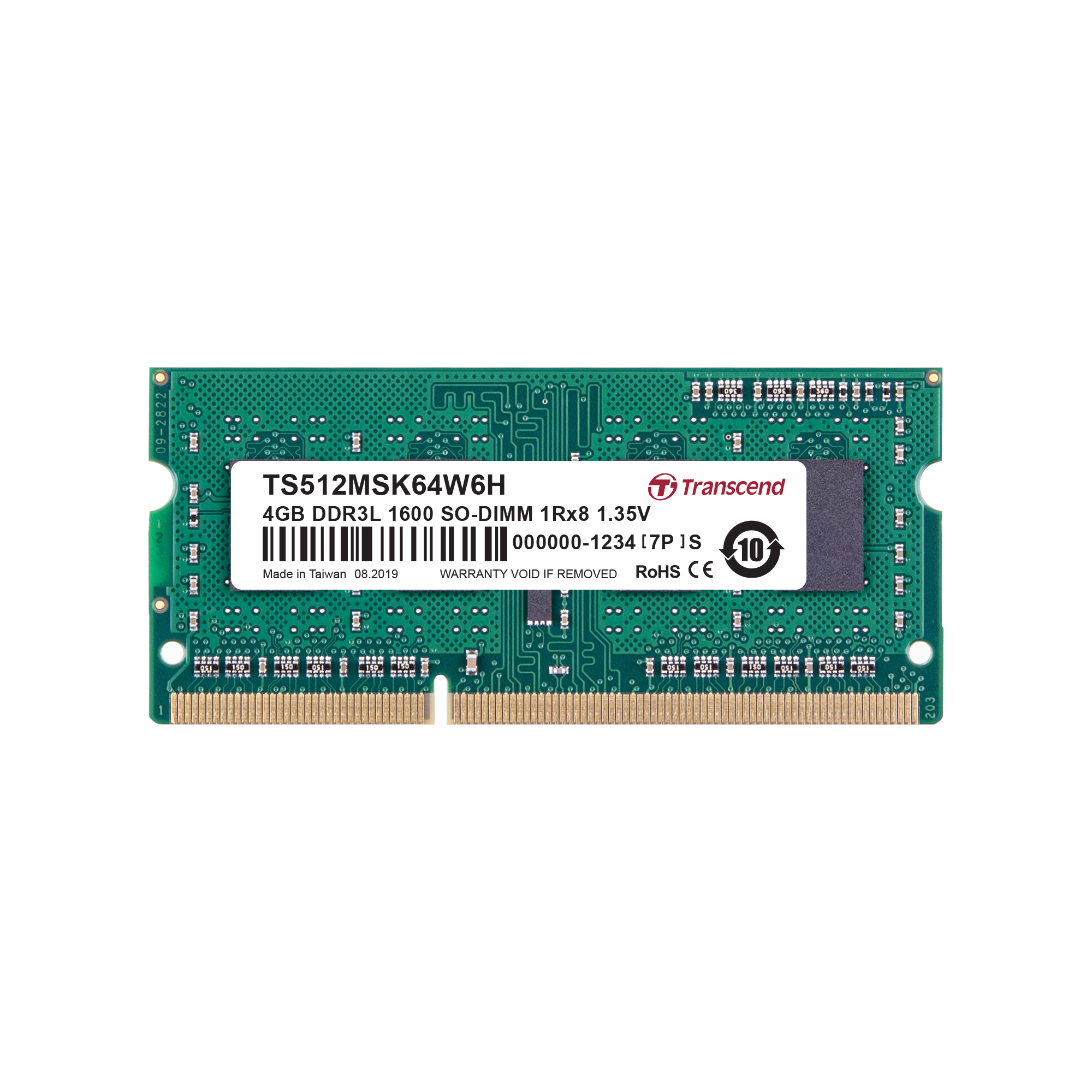 Zielony moduł RAM Transcend 4GB DDR3L z etykietą.