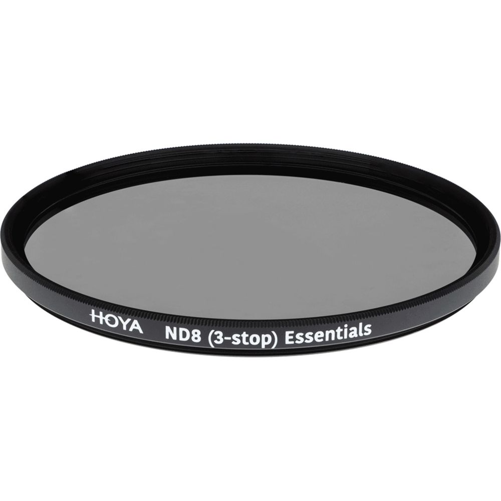 Hoya ND8 (3-stops) grijs filter met zwarte rand, op witte achtergrond.