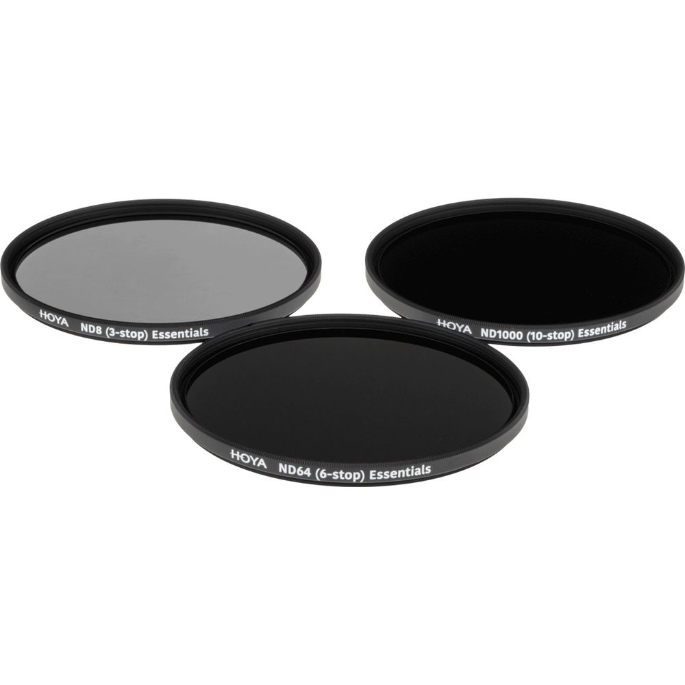 Drie ronde Hoya ND-filters (3, 6, 10 stops) op witte achtergrond.