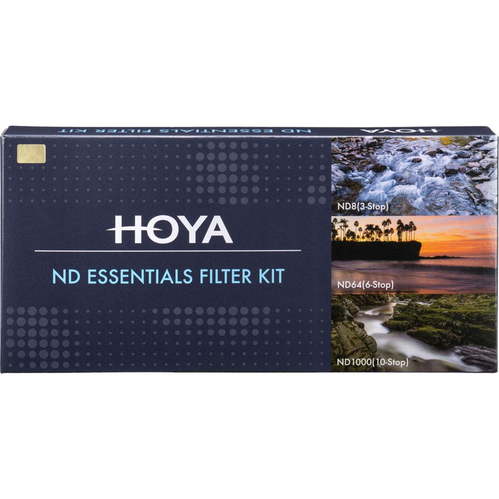 Hoya ND Essentials Filter Kit doos met drie landschapsfoto's.