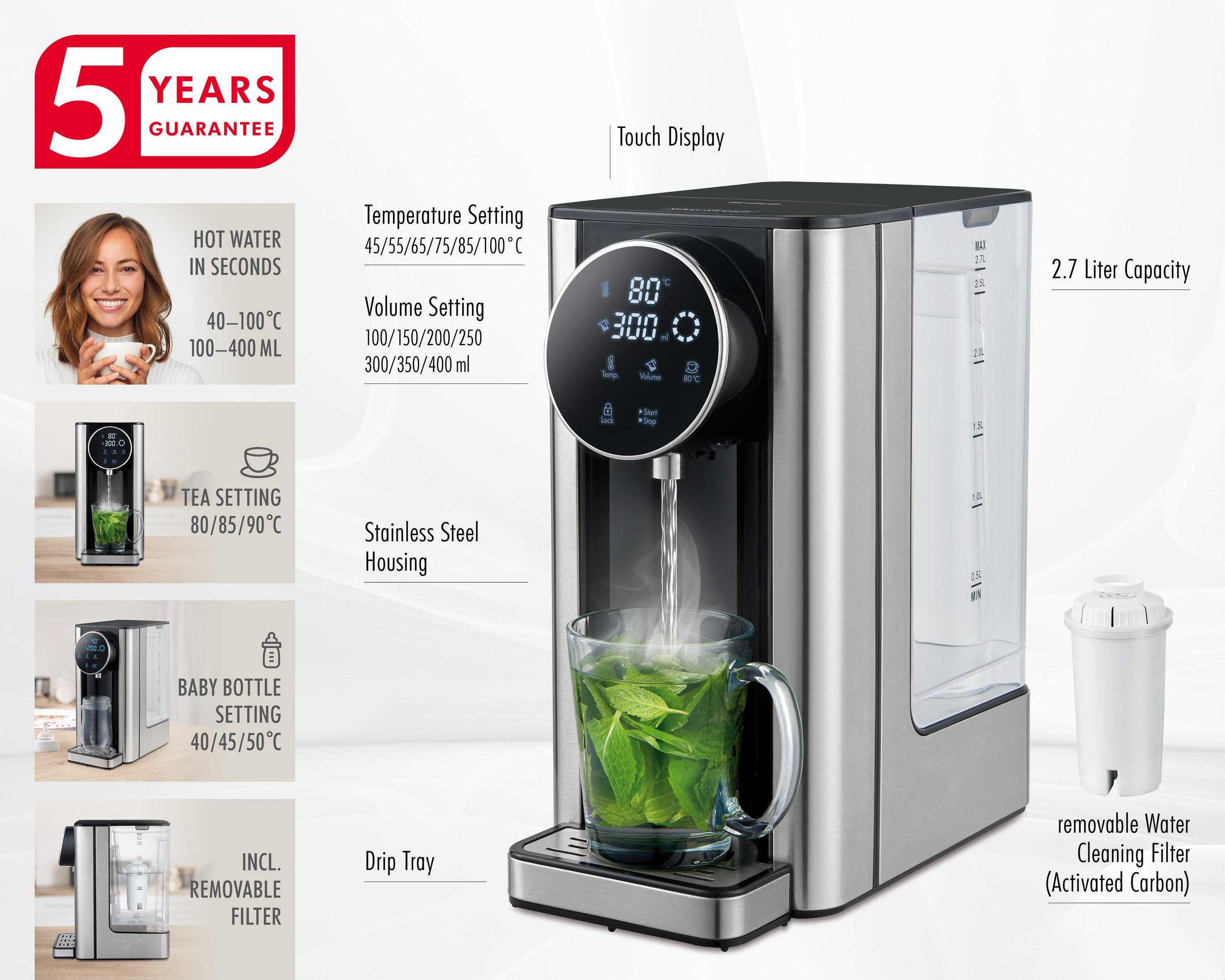 Edelstahl-Wasserspender mit Touch-Display, 2,7L Kapazität, für Tee und Babyflaschen.