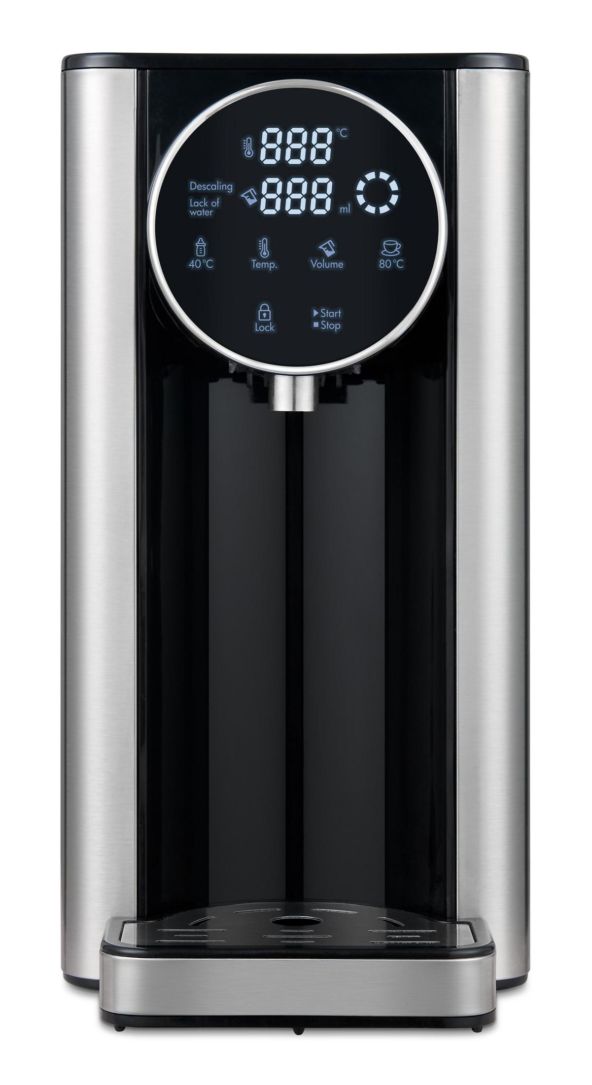 Edelstahl-Wasserspender mit digitalem Display, zeigt Temperatur und Lautstärke an.
