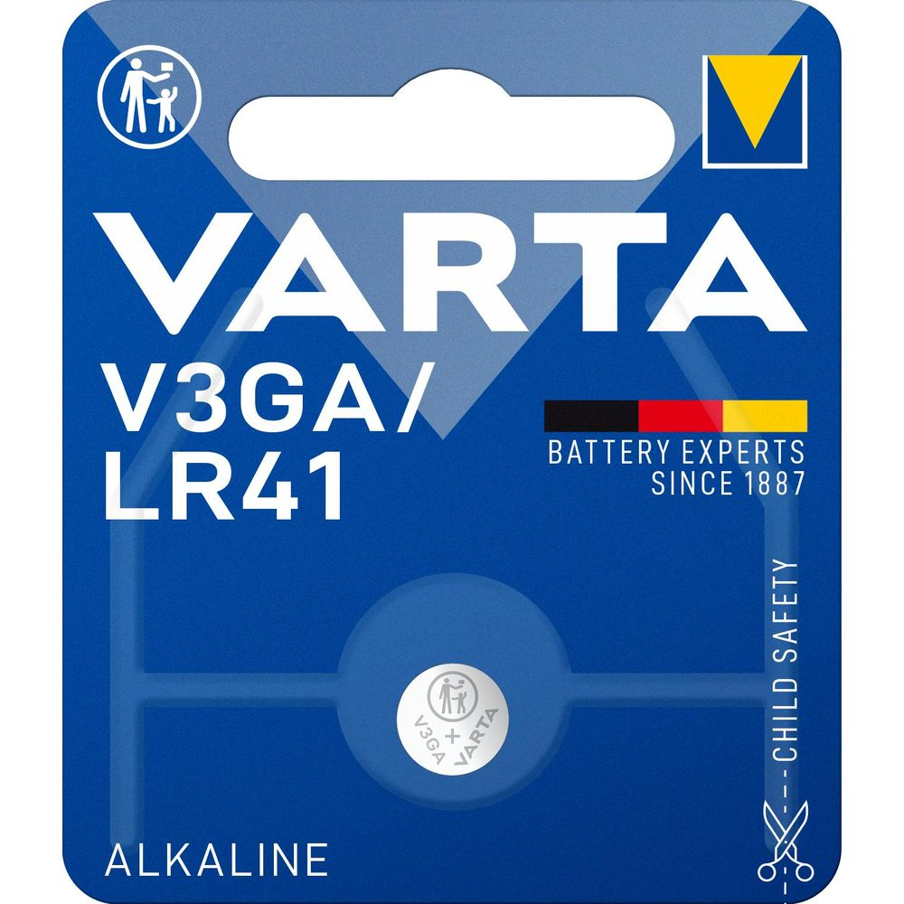 Varta V3GA LR41 alkaline button cell on blue background.