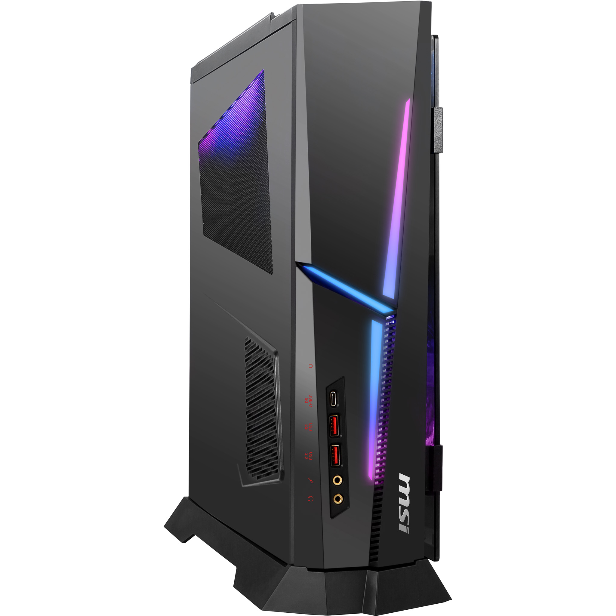 MSI logolu, mavi-pembe RGB aydınlatmalı siyah oyuncu bilgisayarı.