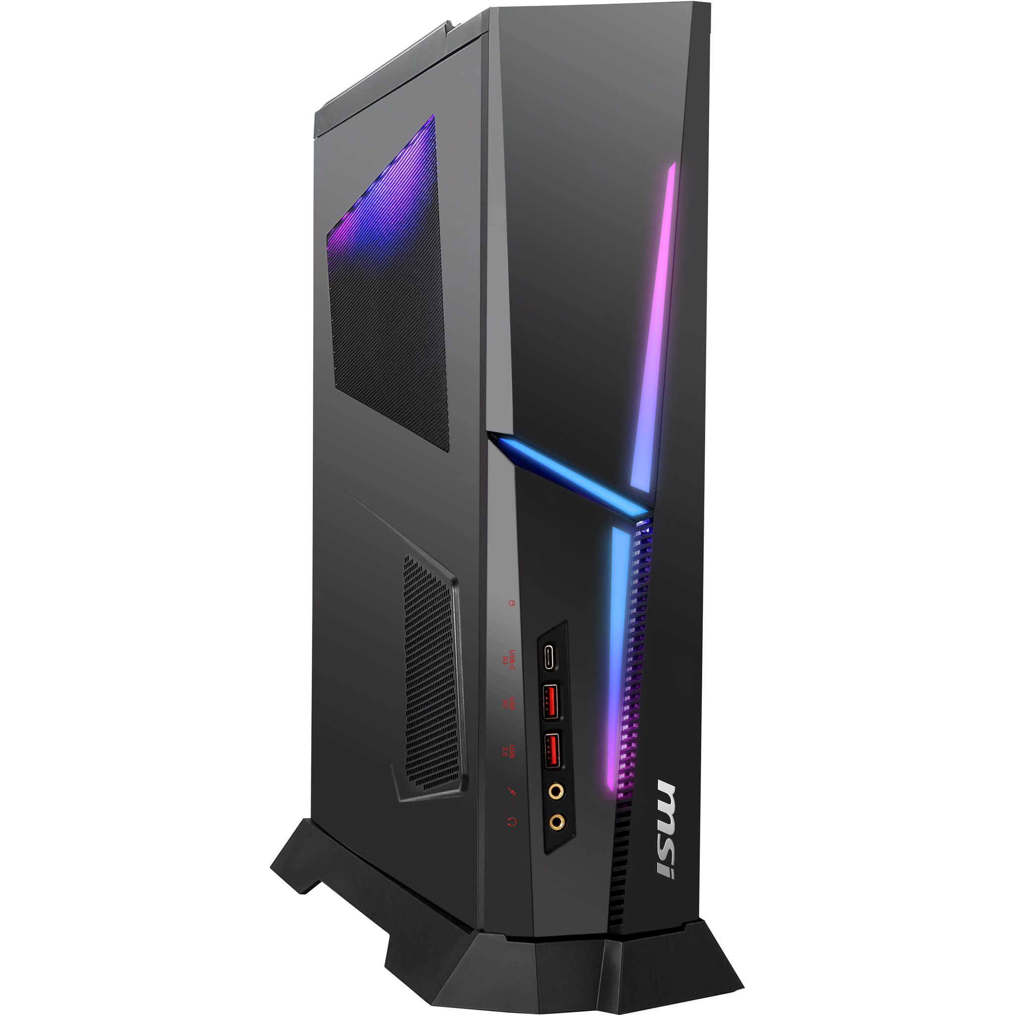 Ön portlu ve RGB aydınlatmalı siyah MSI oyuncu bilgisayarı.