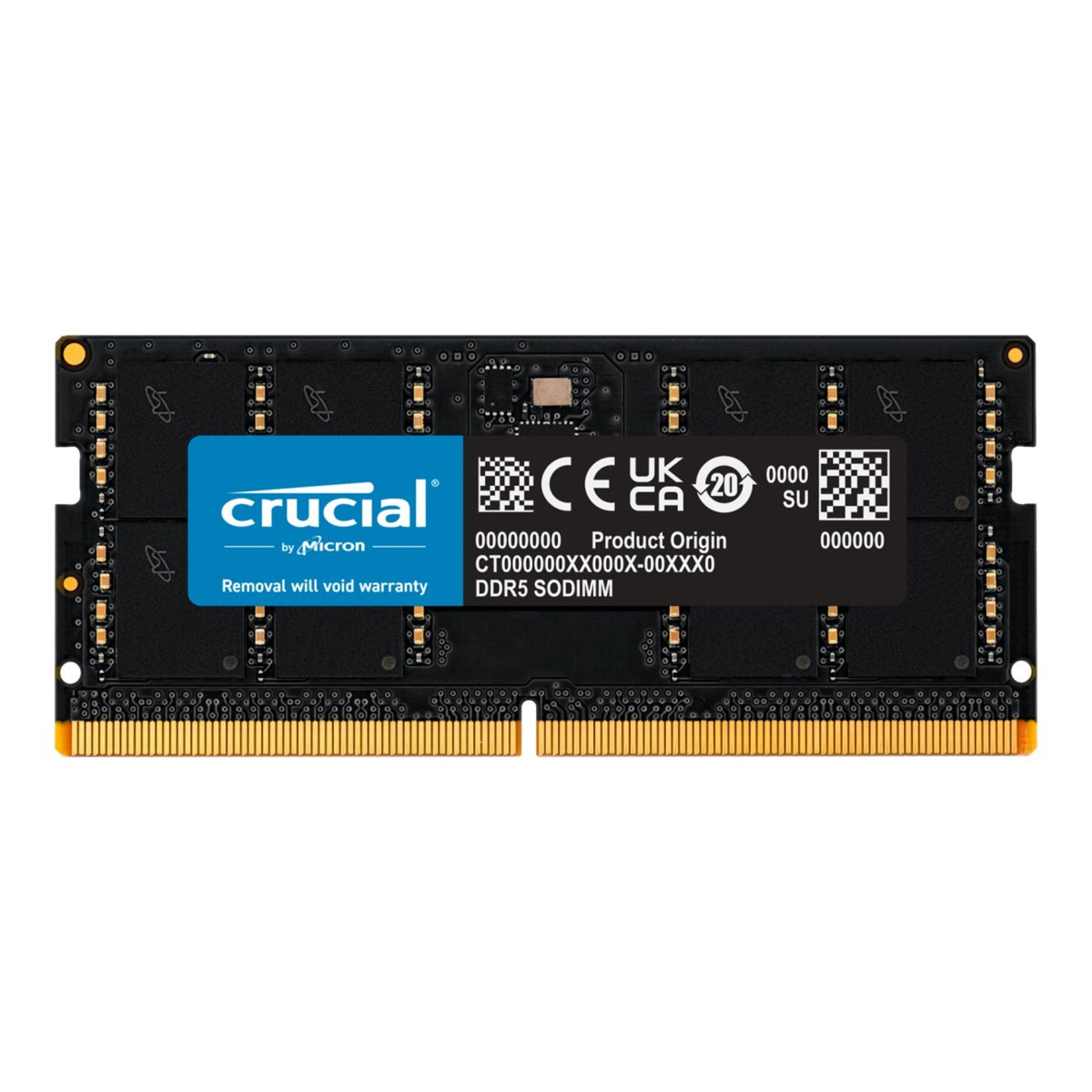 Czarny moduł RAM Crucial DDR5 SODIMM ze złotymi stykami.