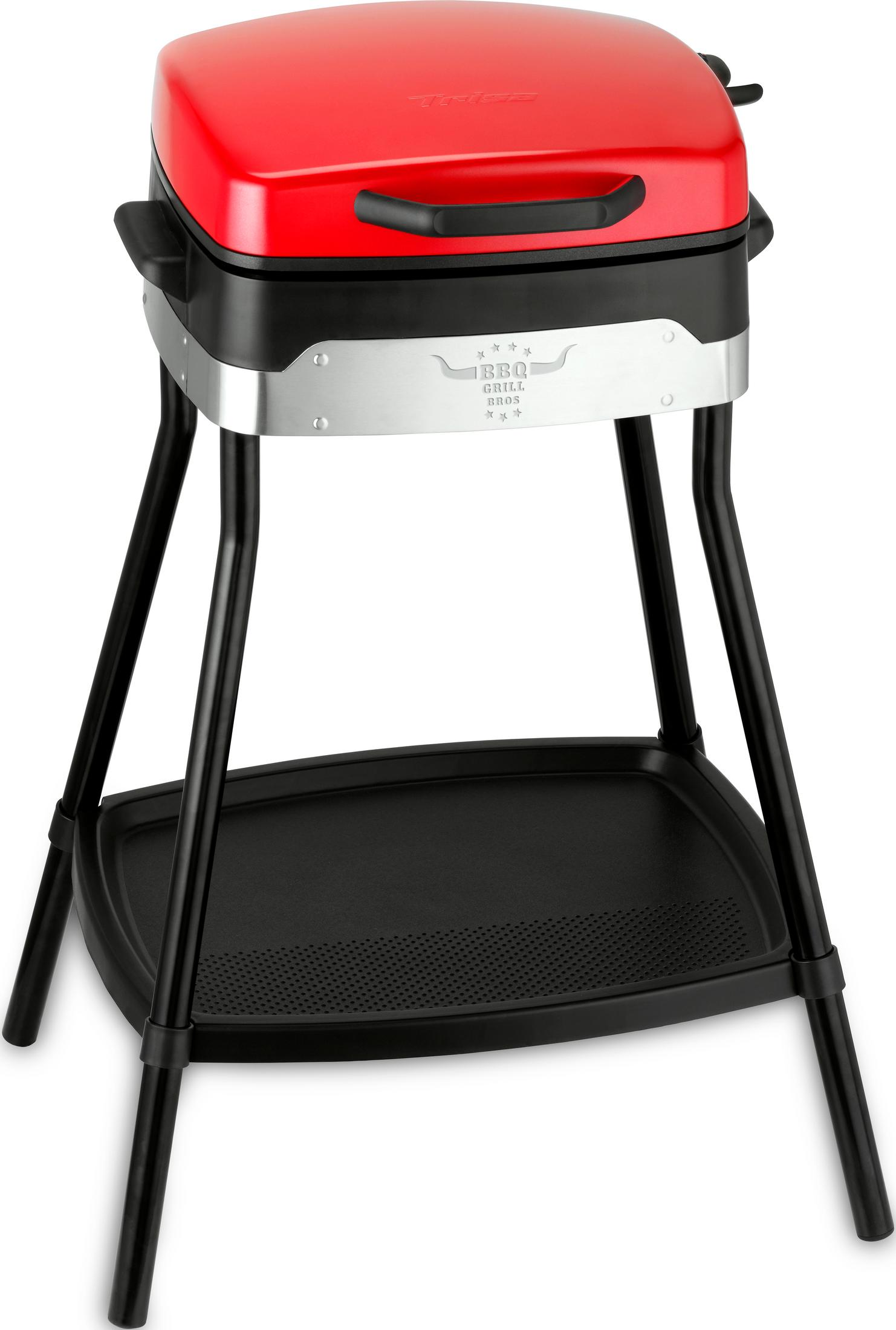 Ein roter Grill mit schwarzem Untergestell und Ablage.