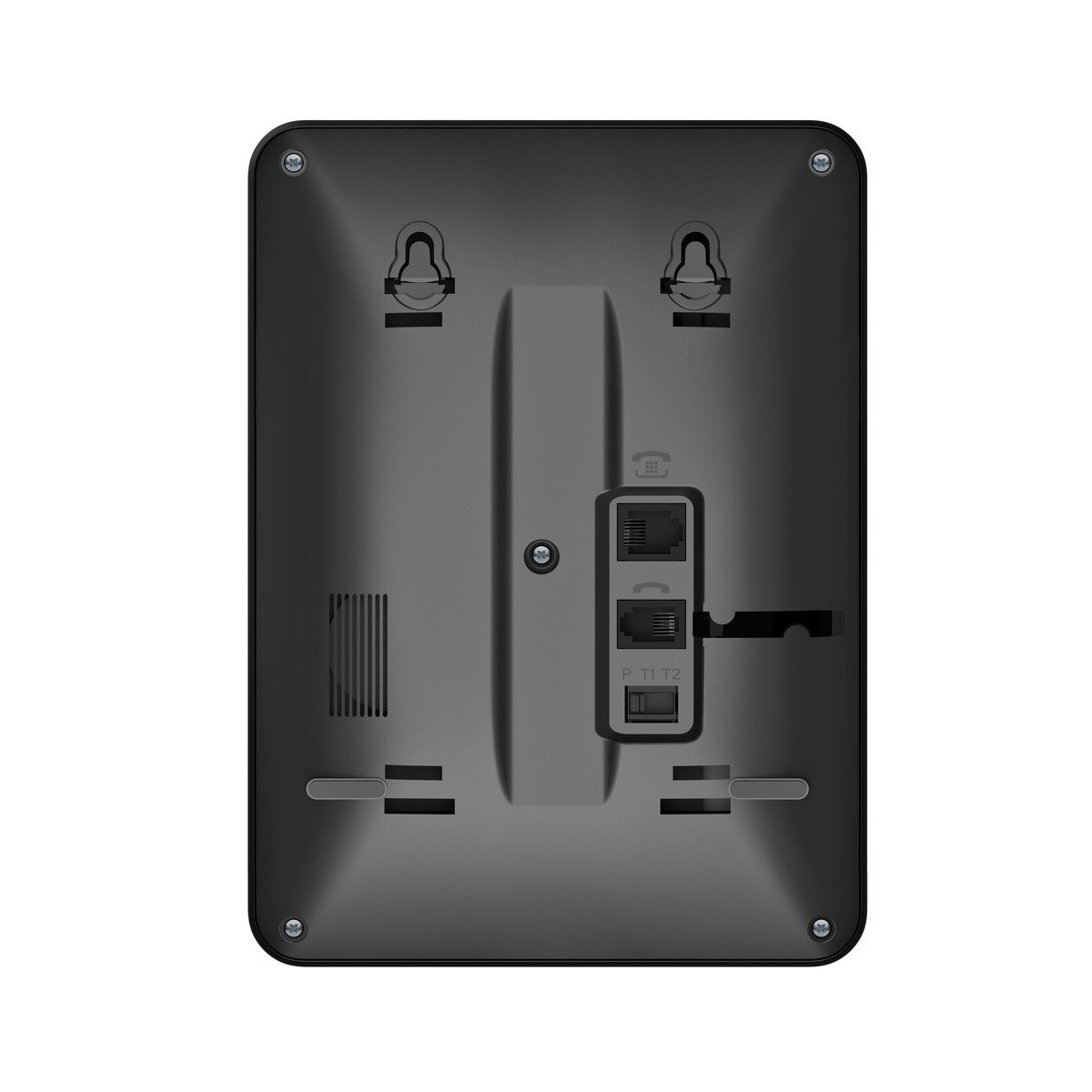 Arrière d'un téléphone noir montrant les ports et un interrupteur.