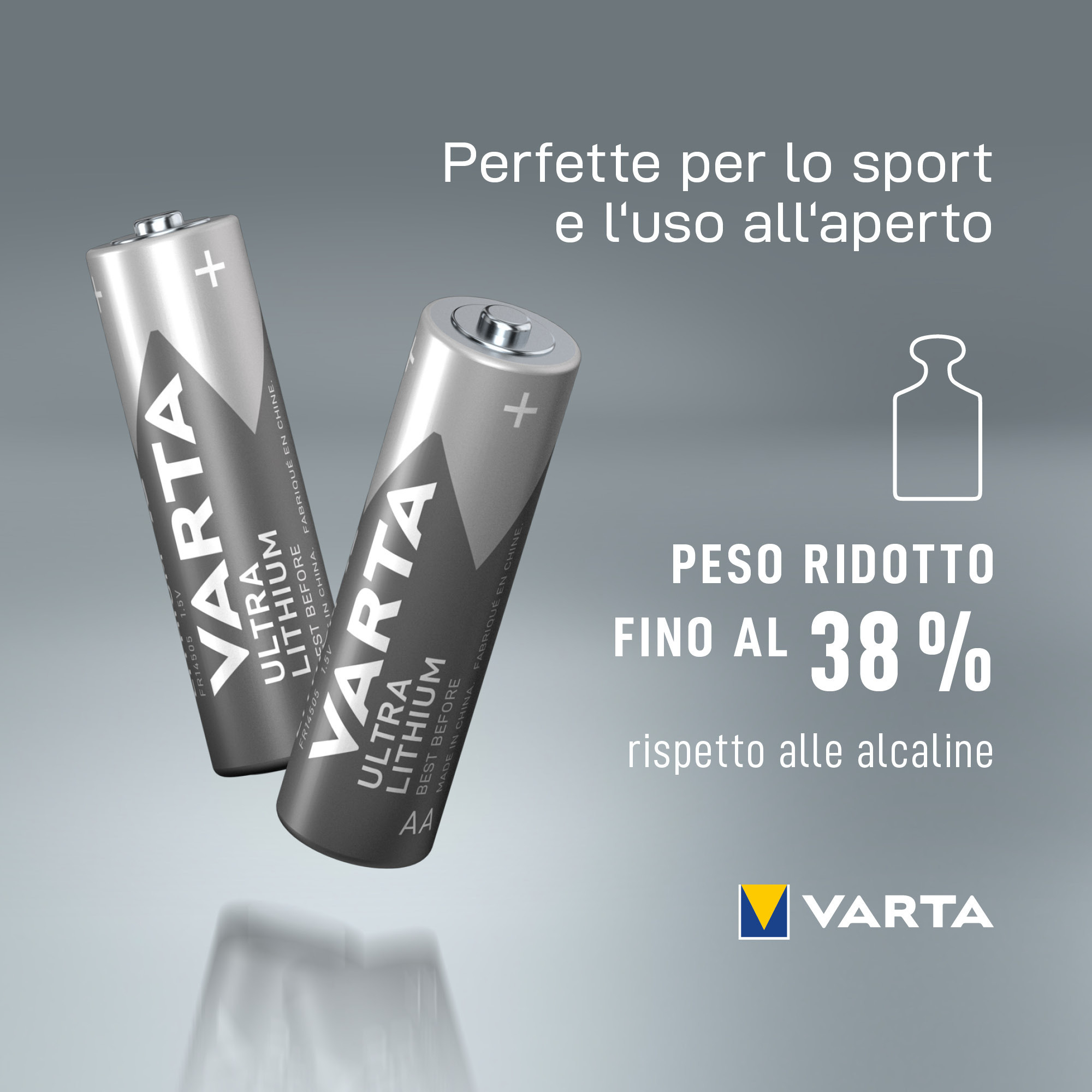 Two Varta Ultra Lithium AA batteries on a gray background. Reduced weight.