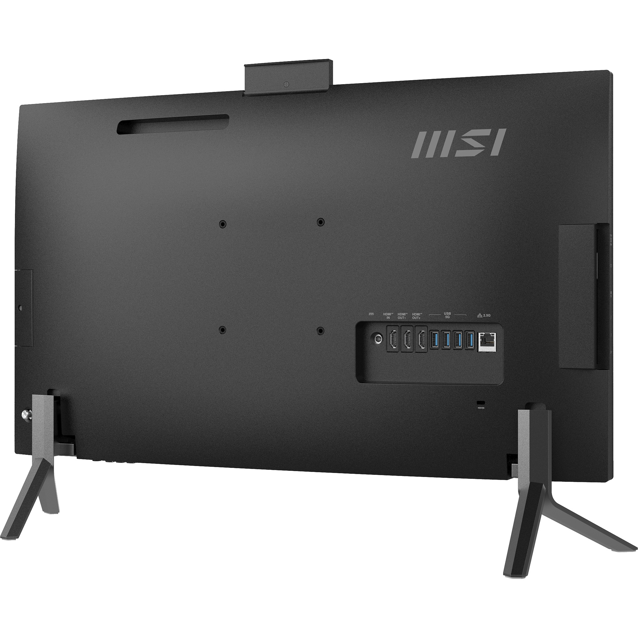 Retro di un computer all-in-one nero con porte e logo MSI.