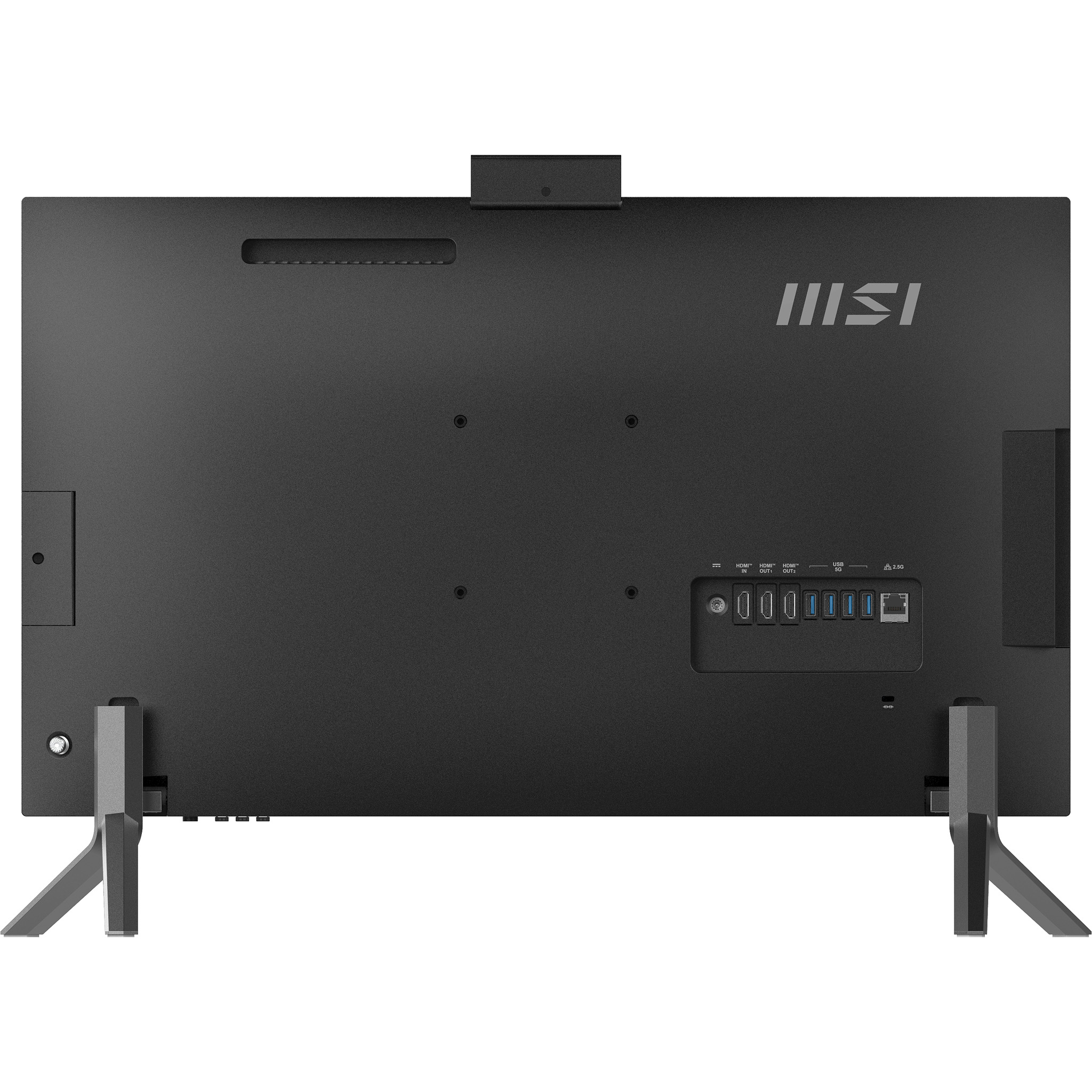 Vista posteriore di un computer all-in-one nero con porte e logo MSI.