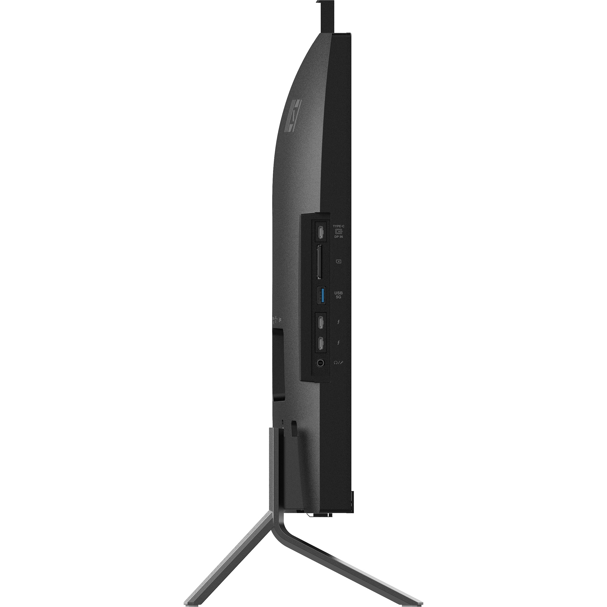Vista laterale di un monitor nero con porte: USB-C, slot SD card, USB 3.0 e jack audio.