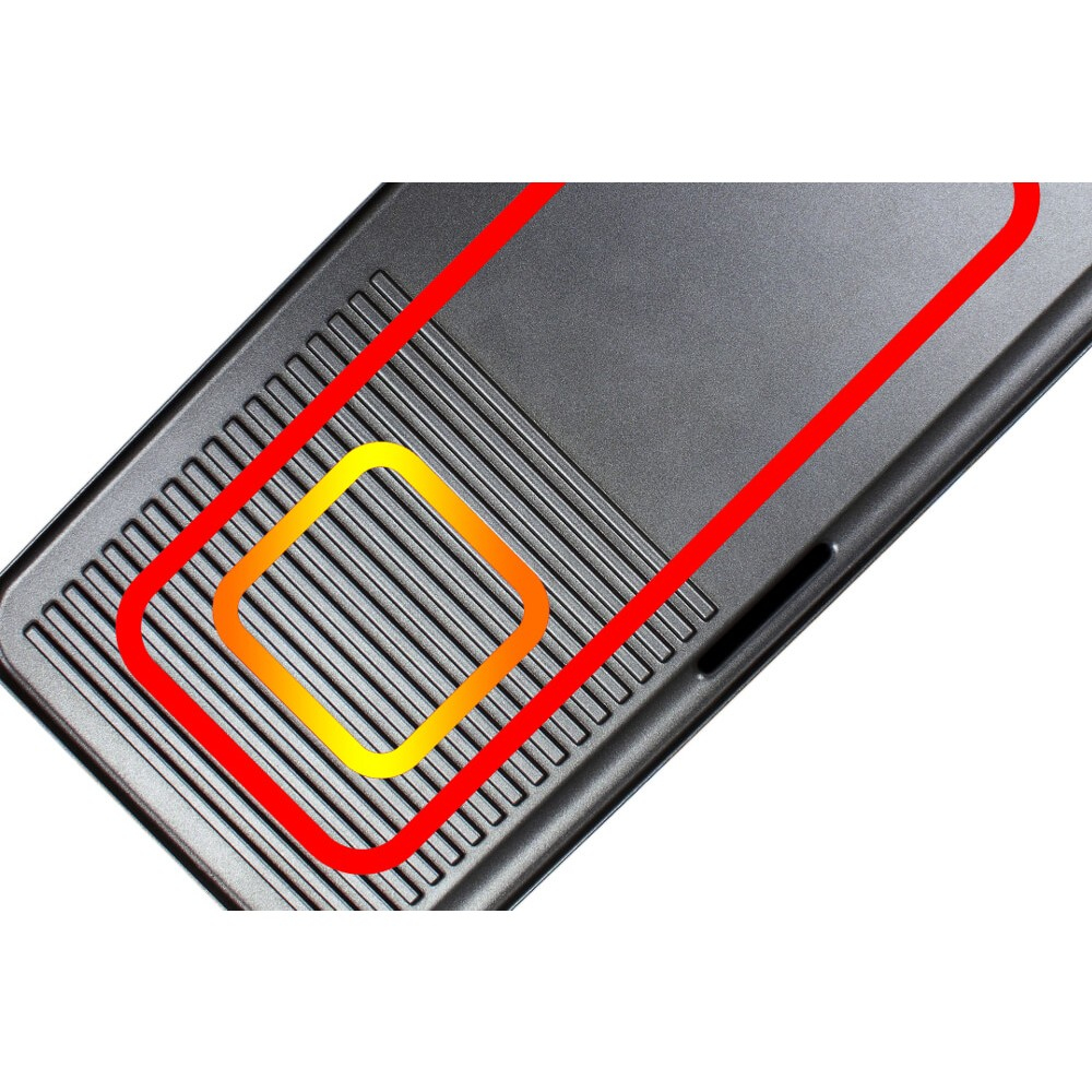 Une plaque de grill avec des marques rouges et jaunes indiquant les zones de chaleur.