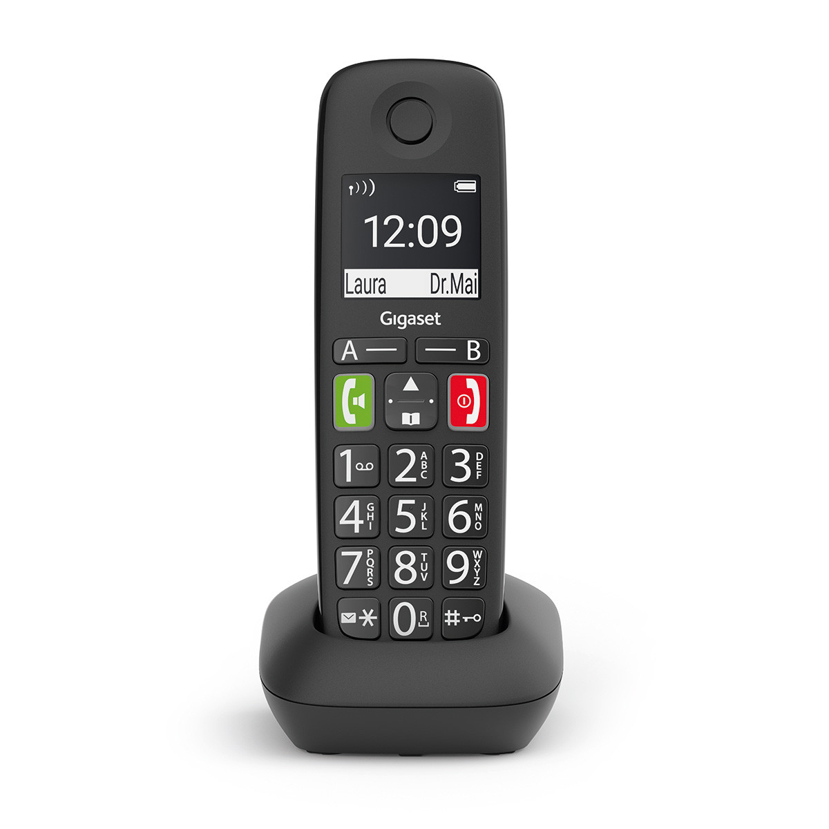 Czarny telefon bezprzewodowy z klawiaturą i wyświetlaczem, na podstawce ładującej.