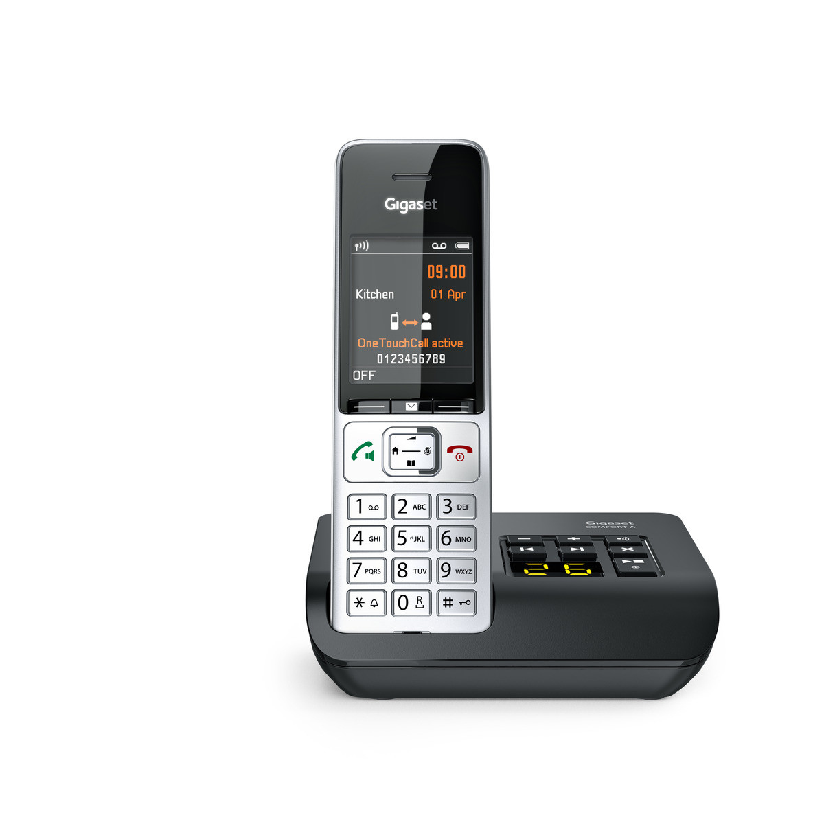 Un téléphone sans fil Gigaset noir et argent avec clavier et écran est posé sur sa base de chargement.