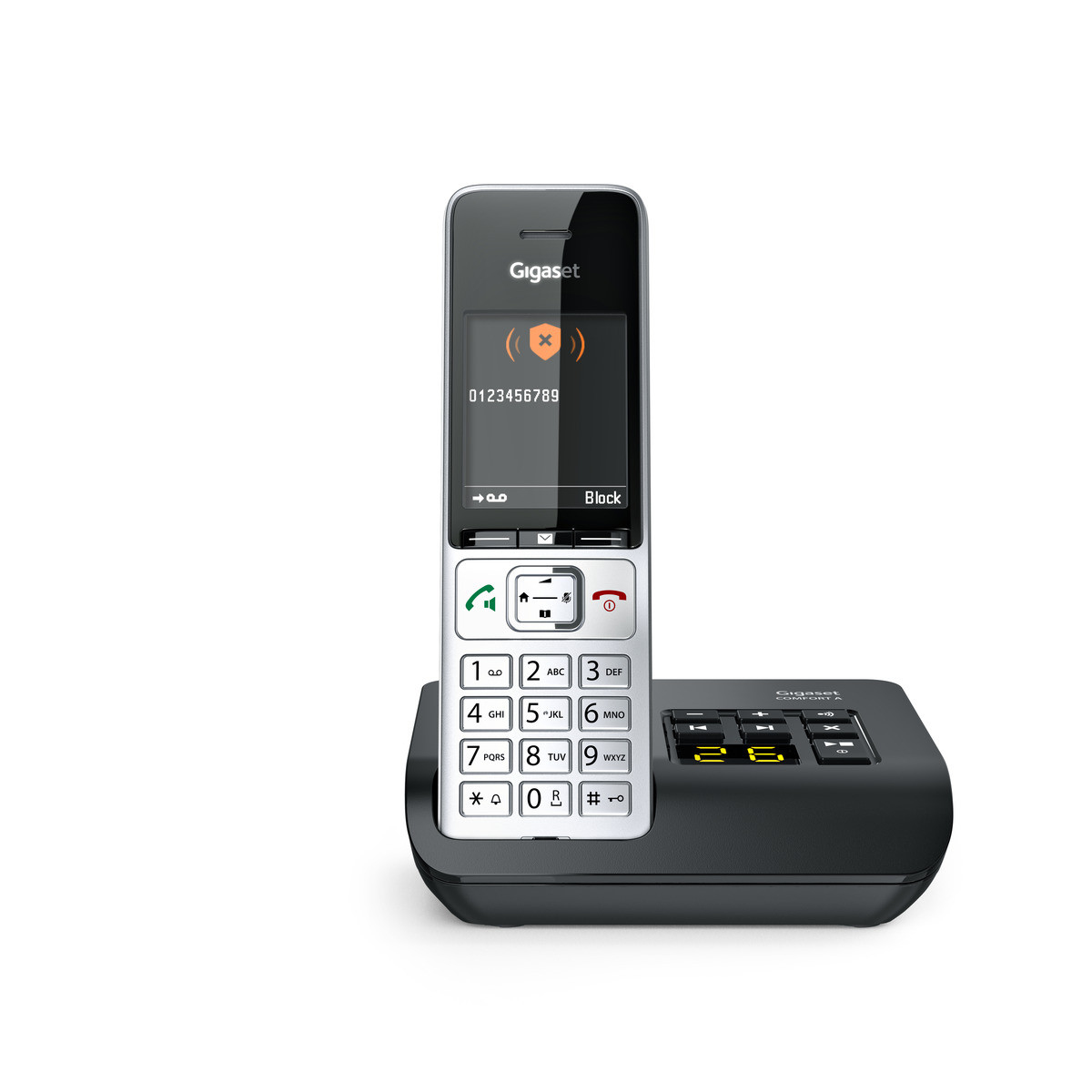 Un téléphone sans fil Gigaset blanc avec une base de chargement noire. L'écran affiche '0123456789'.