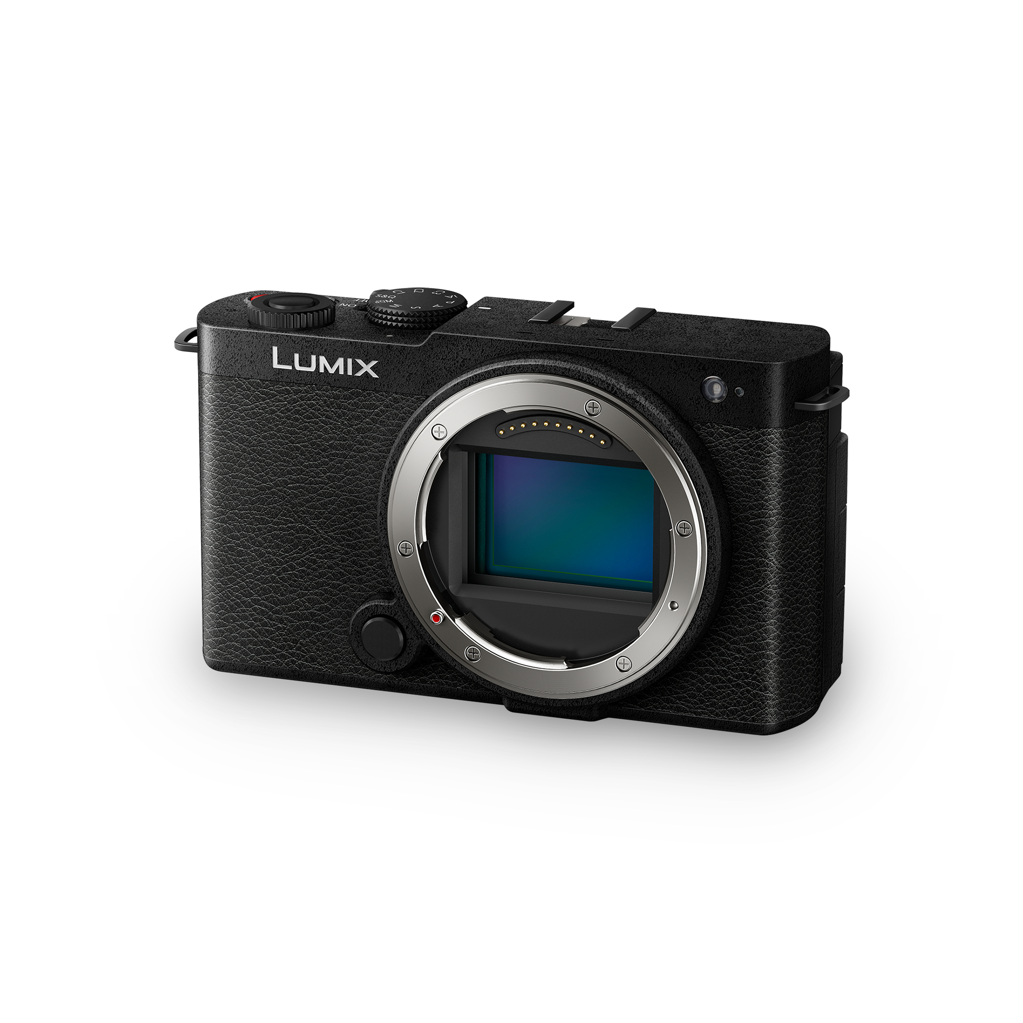 Eine schwarze Lumix-Kamera mit offenem Objektivanschluss und Sensor.