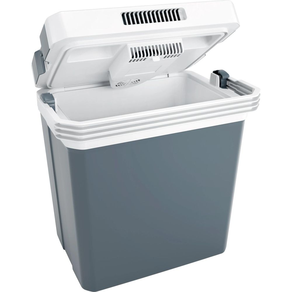Un box frigo grigio e bianco con coperchio aperto.