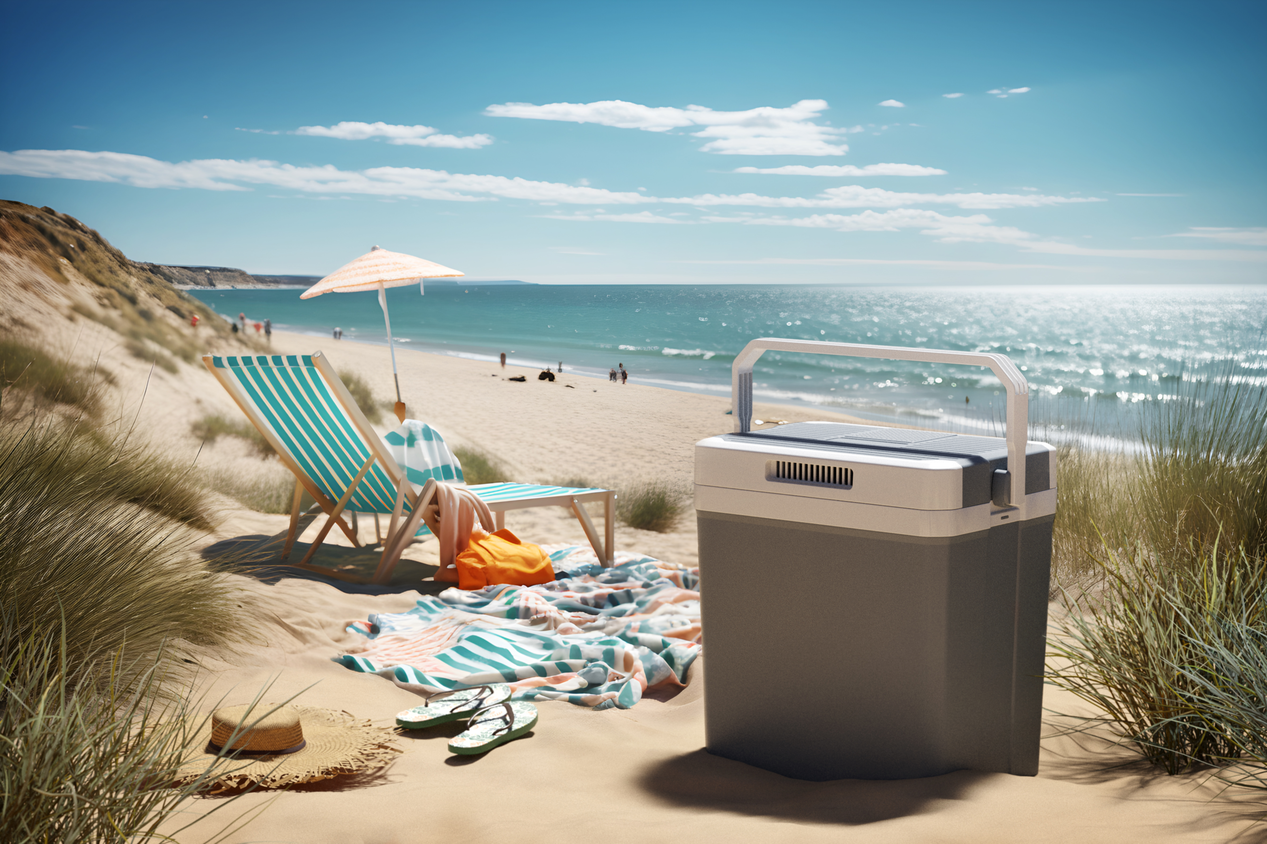 Scena balneare con sdraio, frigo portatile, coperta e mare sullo sfondo.