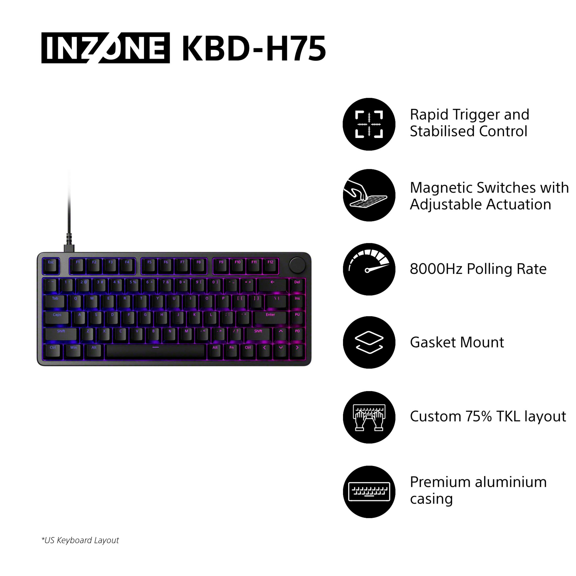 Ein Gaming-Keyboard mit RGB-Beleuchtung, das Features wie Rapid Trigger und 8000Hz-Pollingrate hervorhebt.