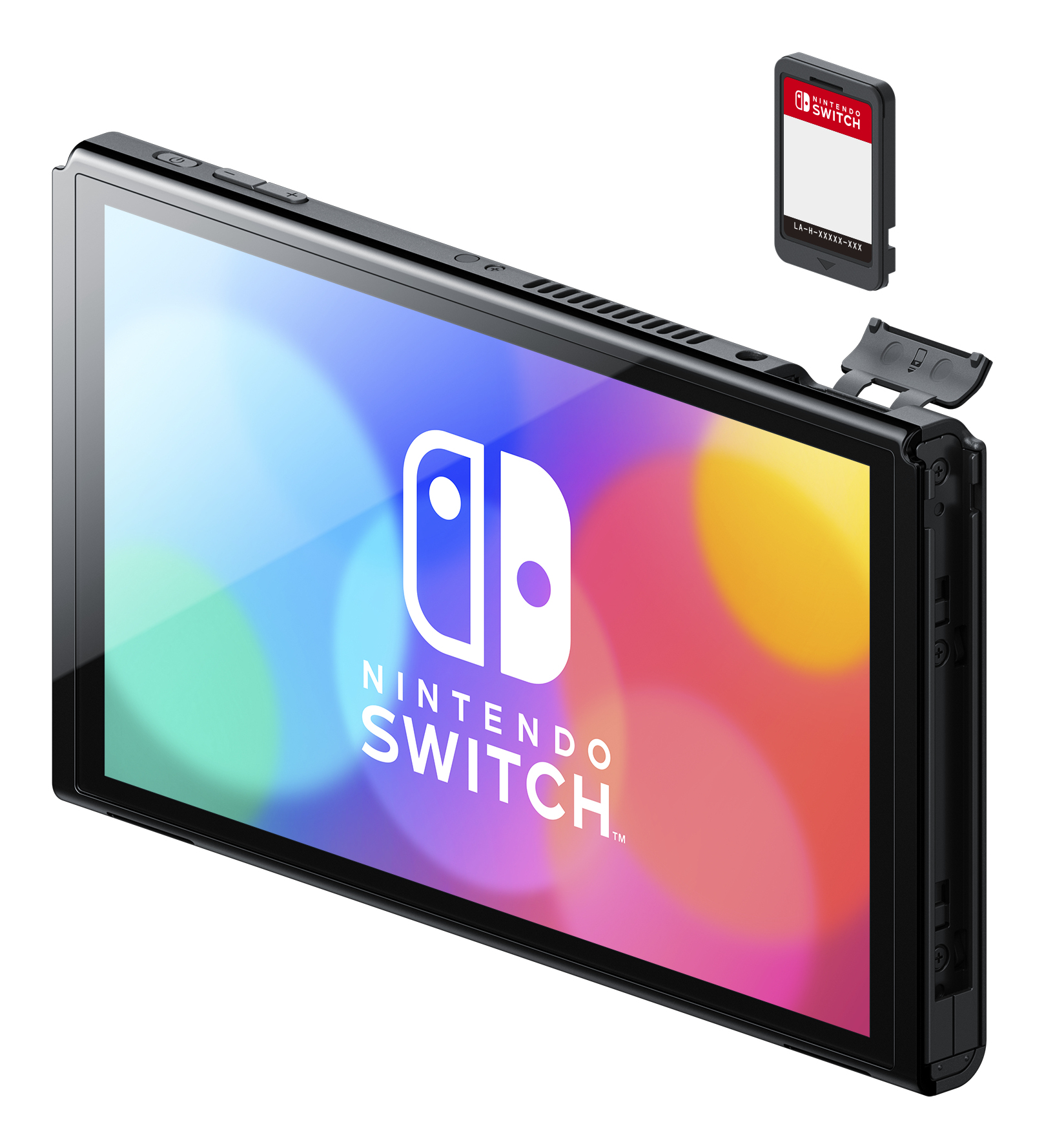 Console Nintendo Switch con cartuccia di gioco e sportello aperto per slot memoria.
