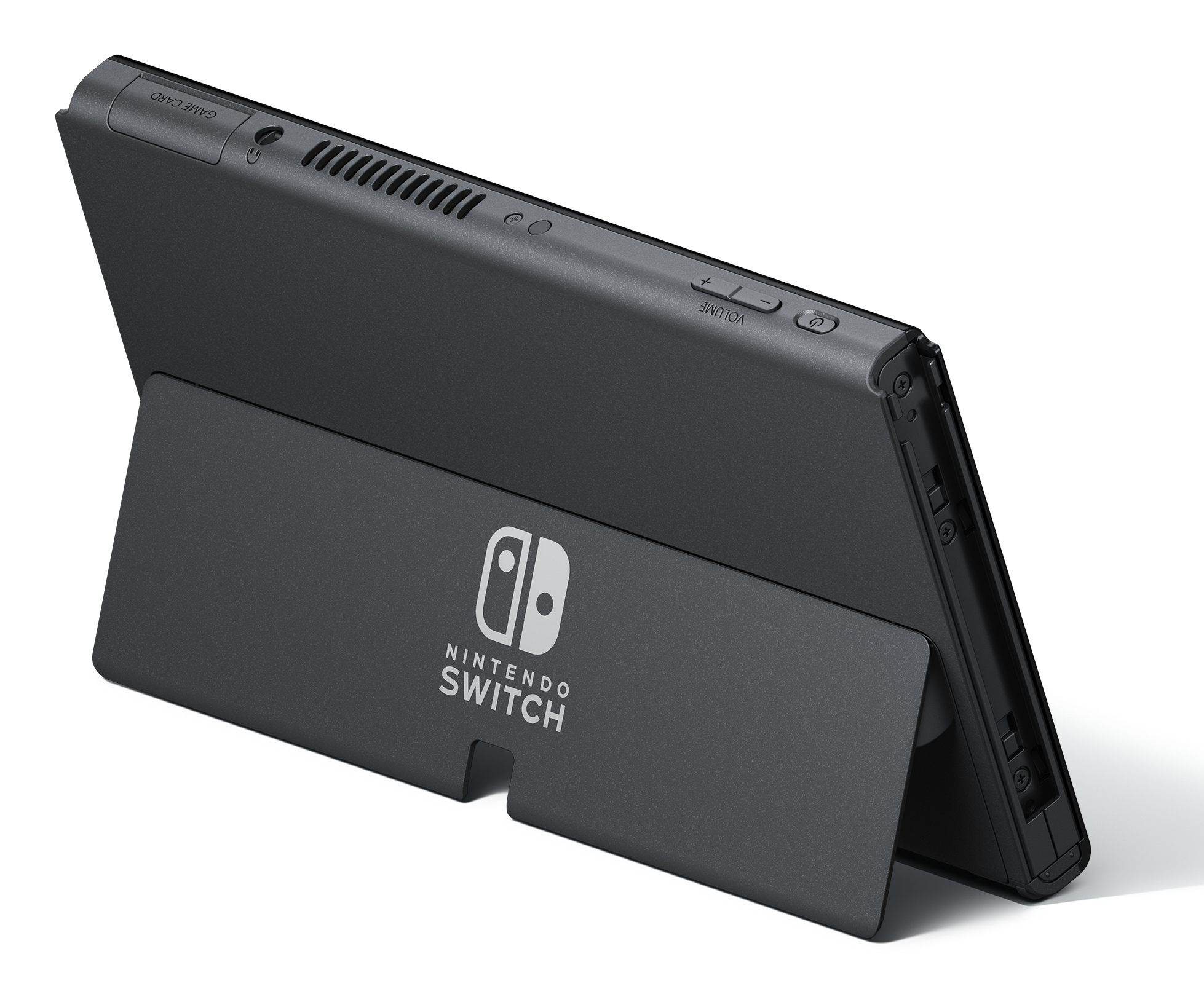 Console Nintendo Switch in modalità verticale con cavalletto e logo.